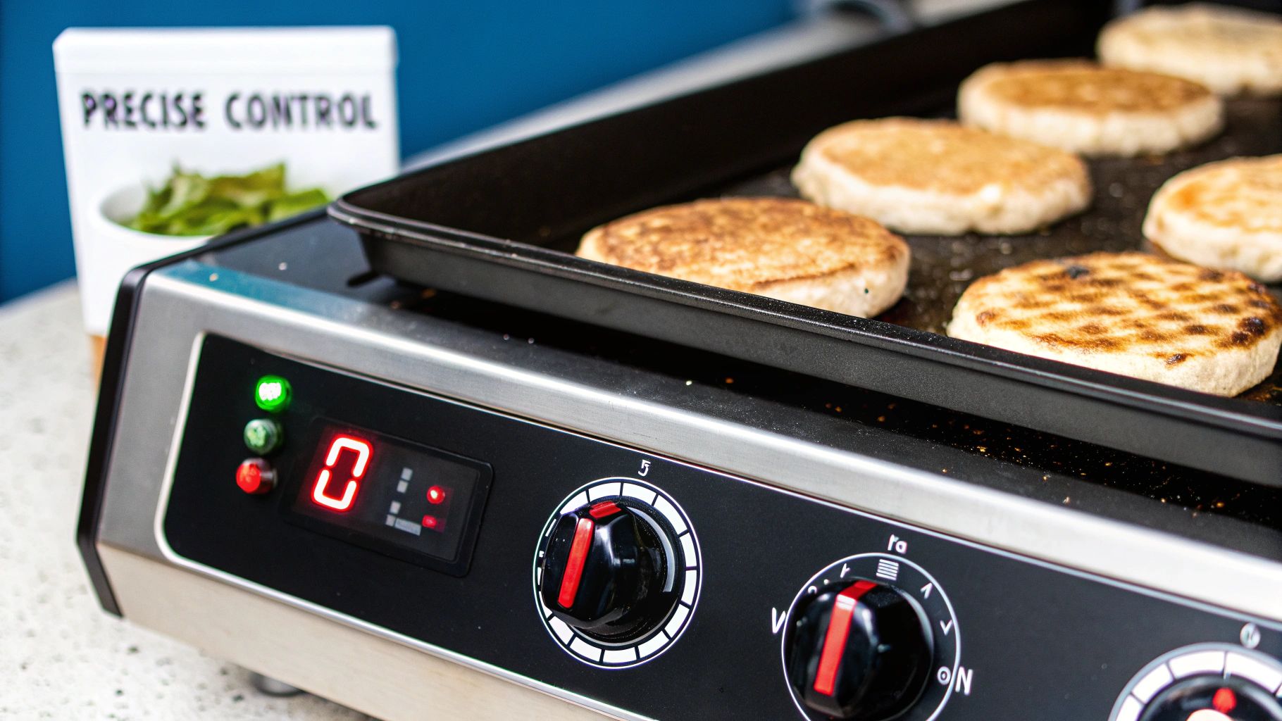 A close-up shot of the thermostatic controls on a commercial griddle.