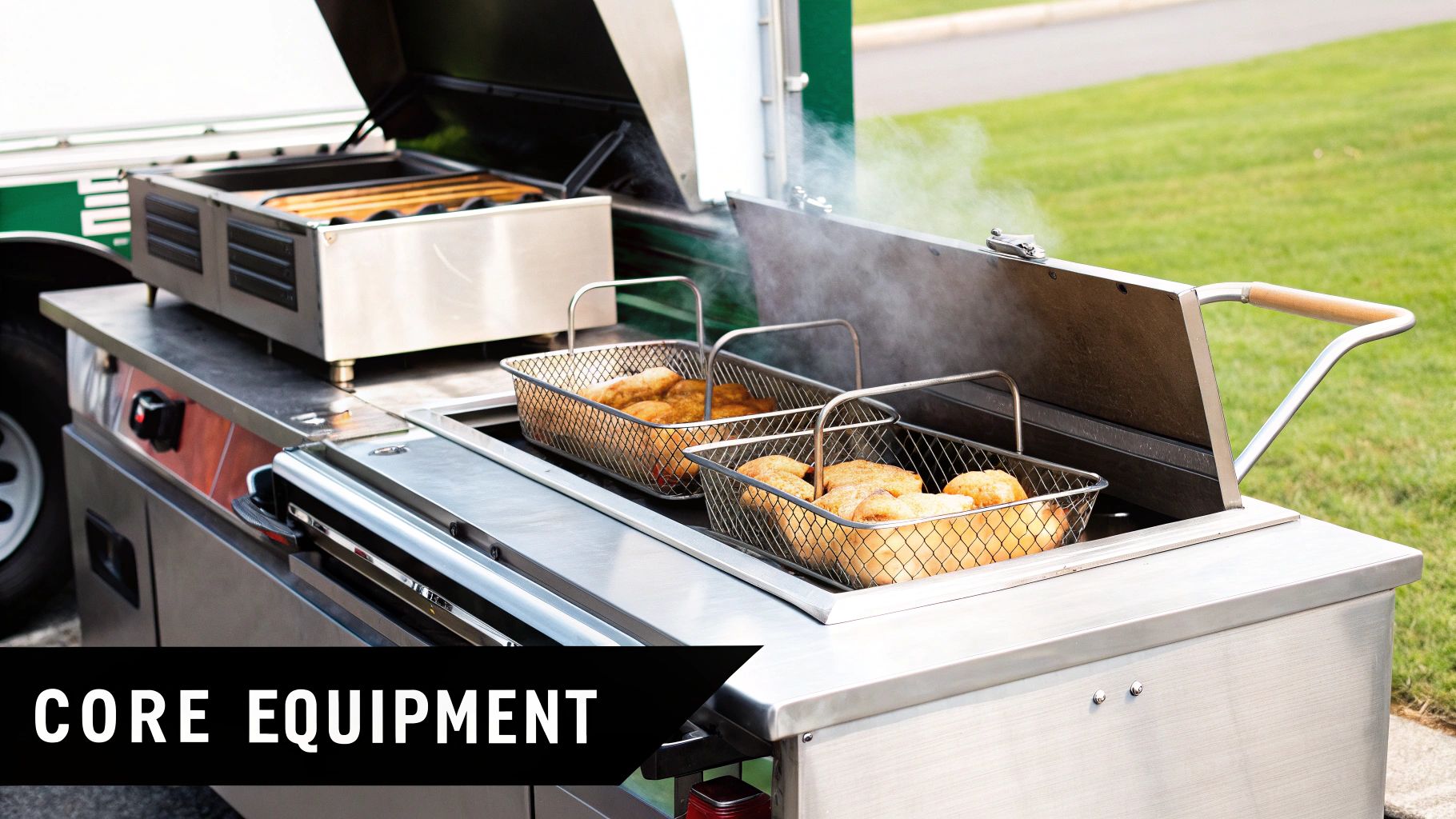 Stainless steel food truck cooking equipment with two steaming baskets of golden fried food.