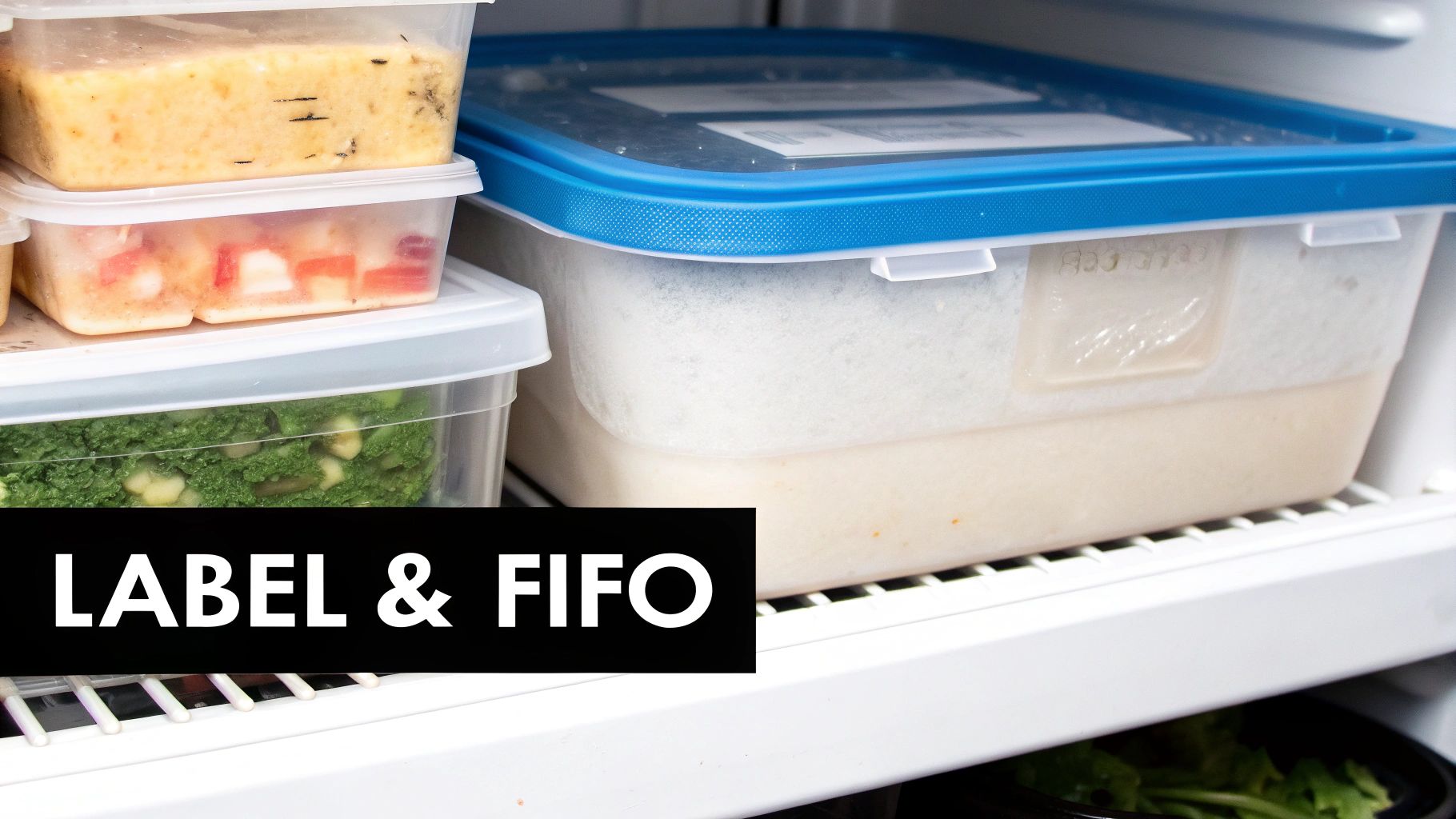 Organized plastic food containers with various meals and vegetables stored in a freezer, emphasizing proper labeling and FIFO.