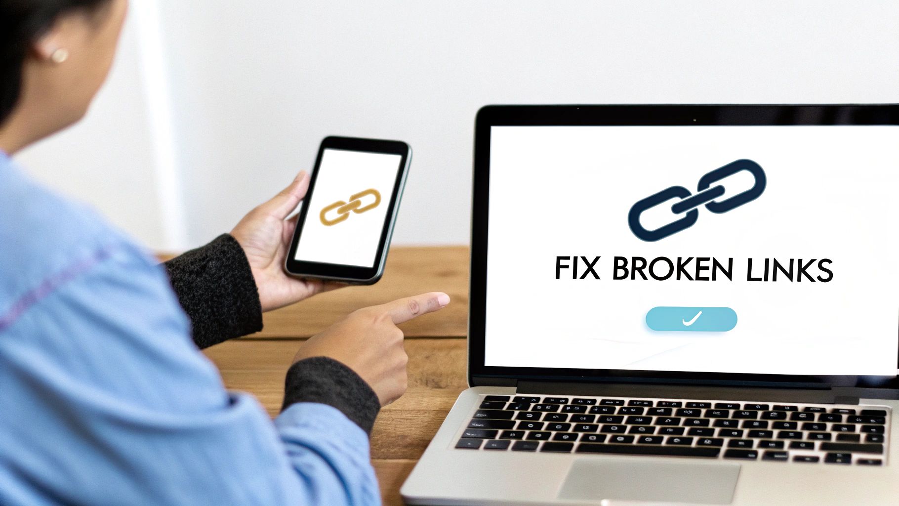 Person holds a smartphone with a link icon, pointing to a laptop displaying 'FIX BROKEN LINKS' and a checkmark.