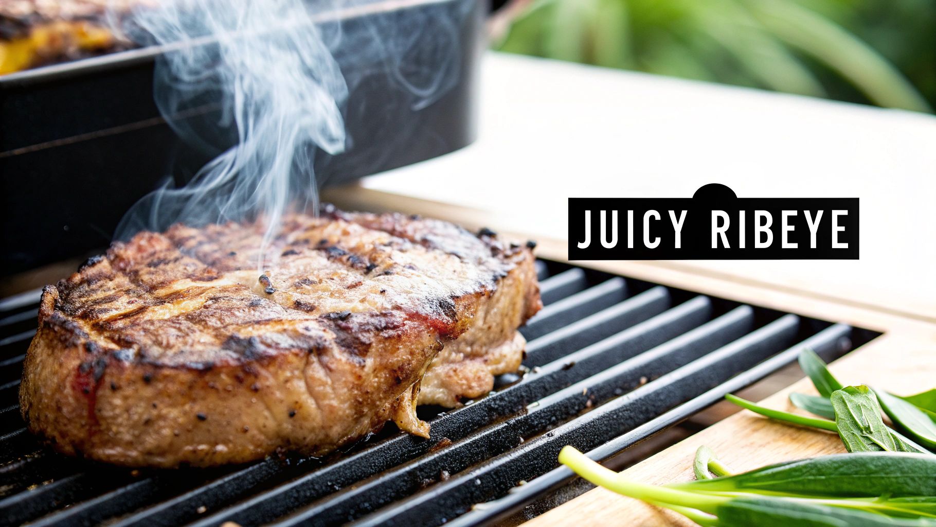A smoking, juicy ribeye steak with perfect grill marks cooking on a black grate, surrounded by fresh herbs.
