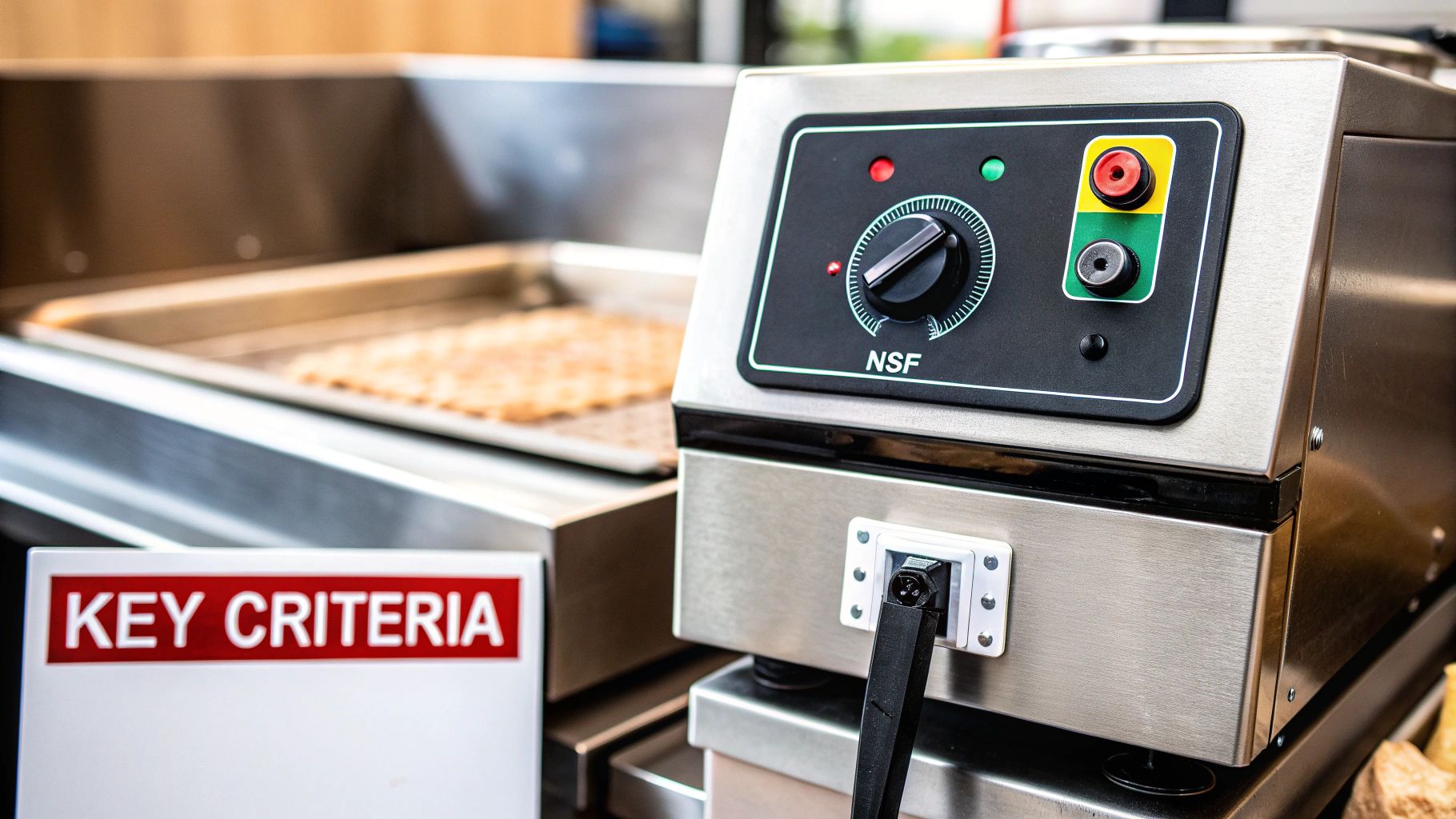 Commercial NSF-certified deep fryer control panel showing temperature dial, indicator lights, and safety buttons