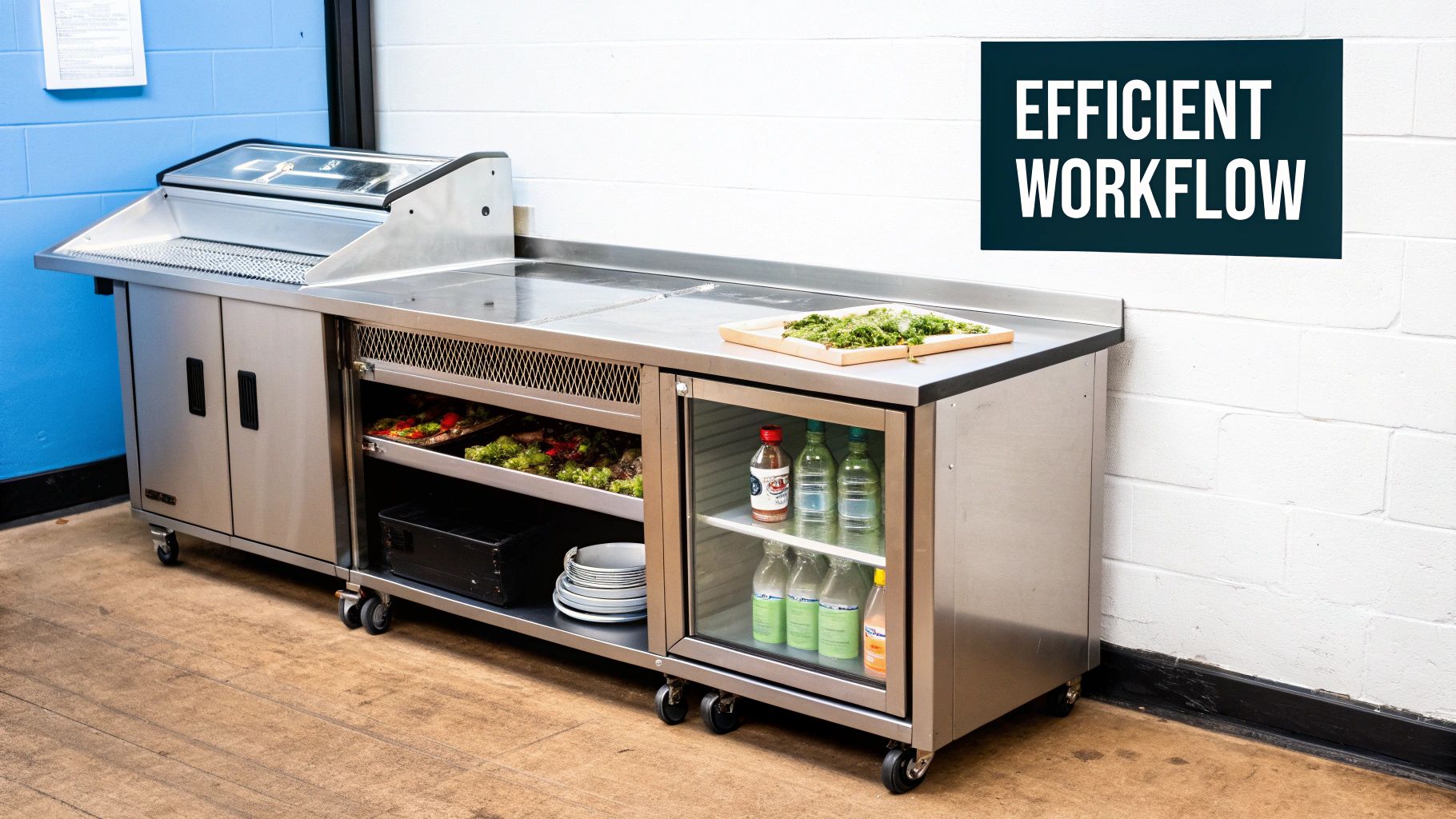 A mobile stainless steel commercial kitchen counter with food warmer, open shelving, and under-counter fridge.