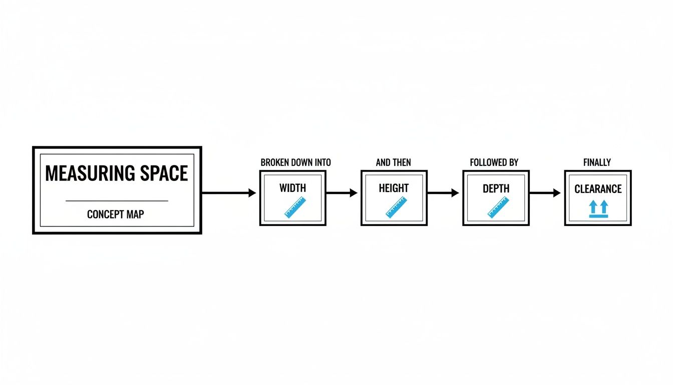 Concept map illustrating the process of measuring space, including width, height, depth, and clearance.