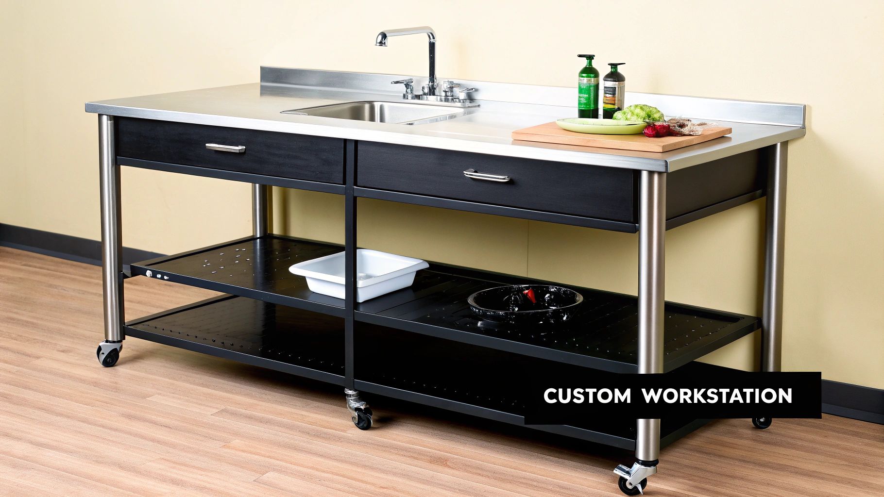Mobile stainless steel kitchen workstation with an integrated sink, black drawers, and two storage shelves.