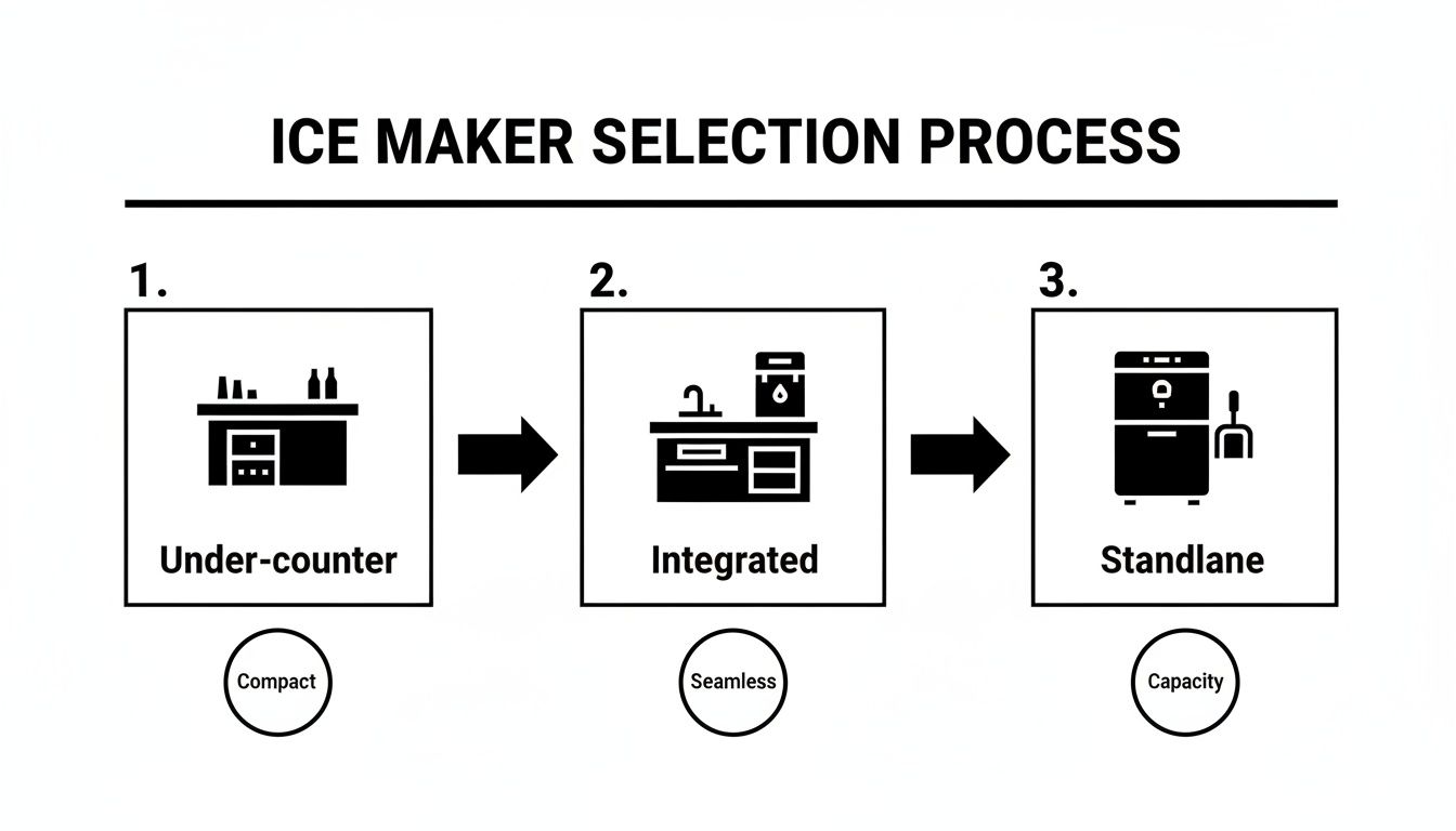 A step-by-step flowchart illustrating the ice maker selection process with under-counter, integrated, and standalone options.