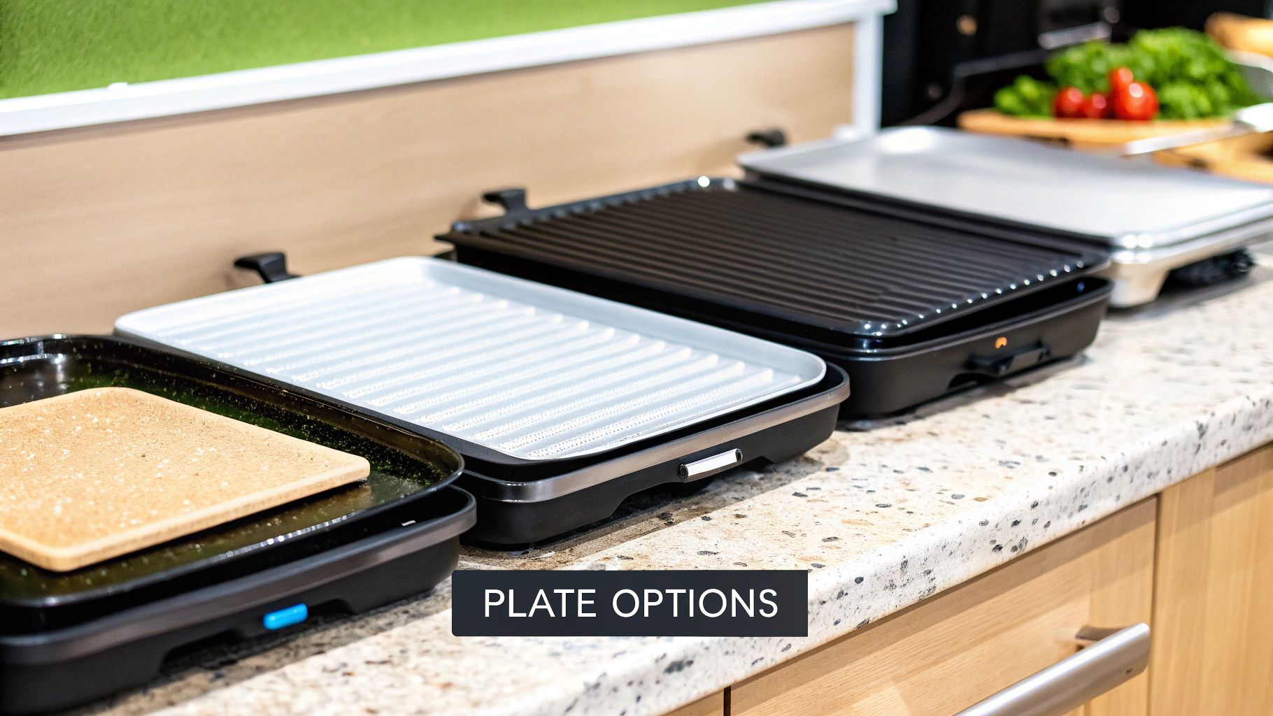 A close-up shot of a thick, seasoned steel griddle plate ready for cooking.