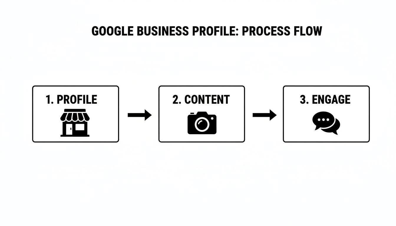 Process flow for Google Business Profile showing steps: Profile, Content, and Engage, with corresponding icons.