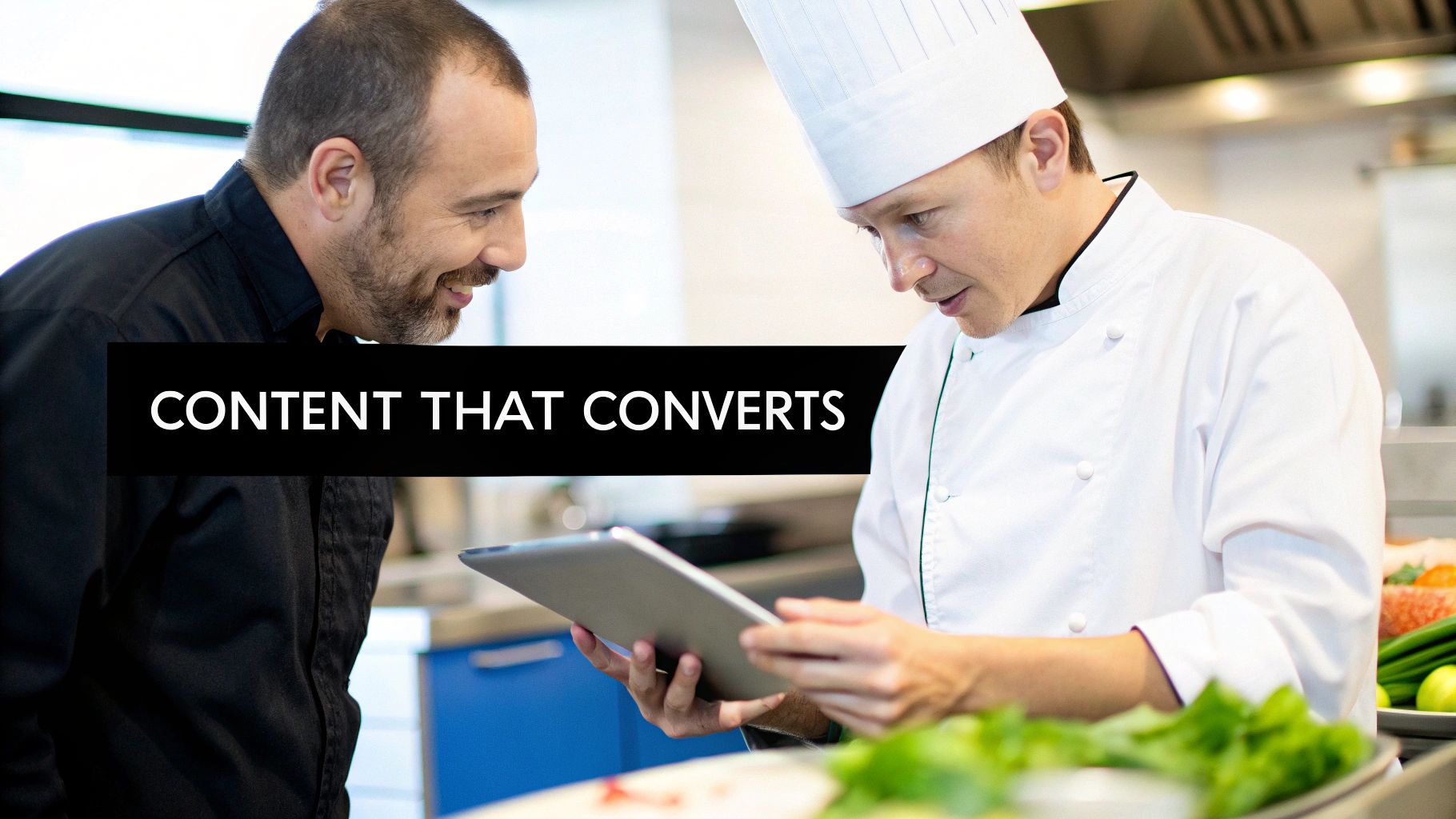 Two men, one a chef, smiling and looking at a tablet in a professional kitchen setting.