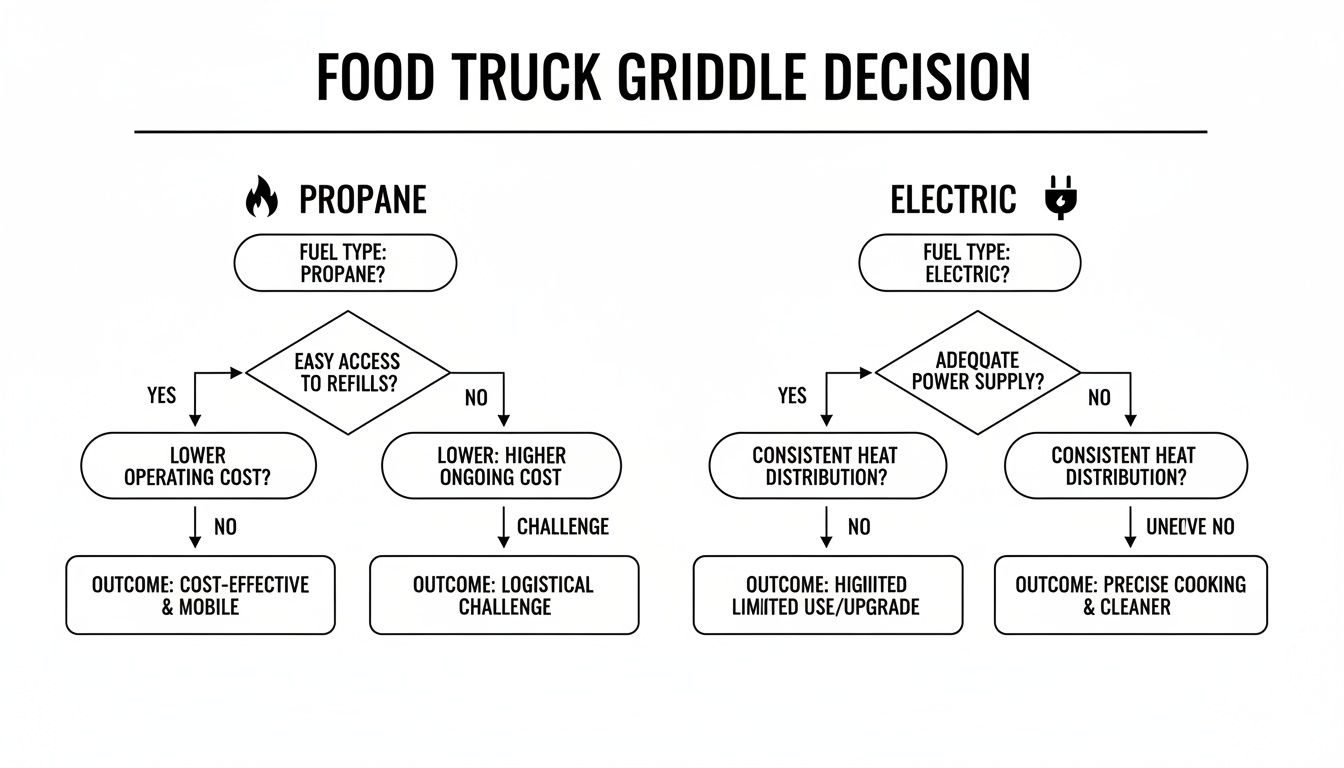 Decision tree comparing propane and electric griddle options for food trucks, highlighting costs and performance.