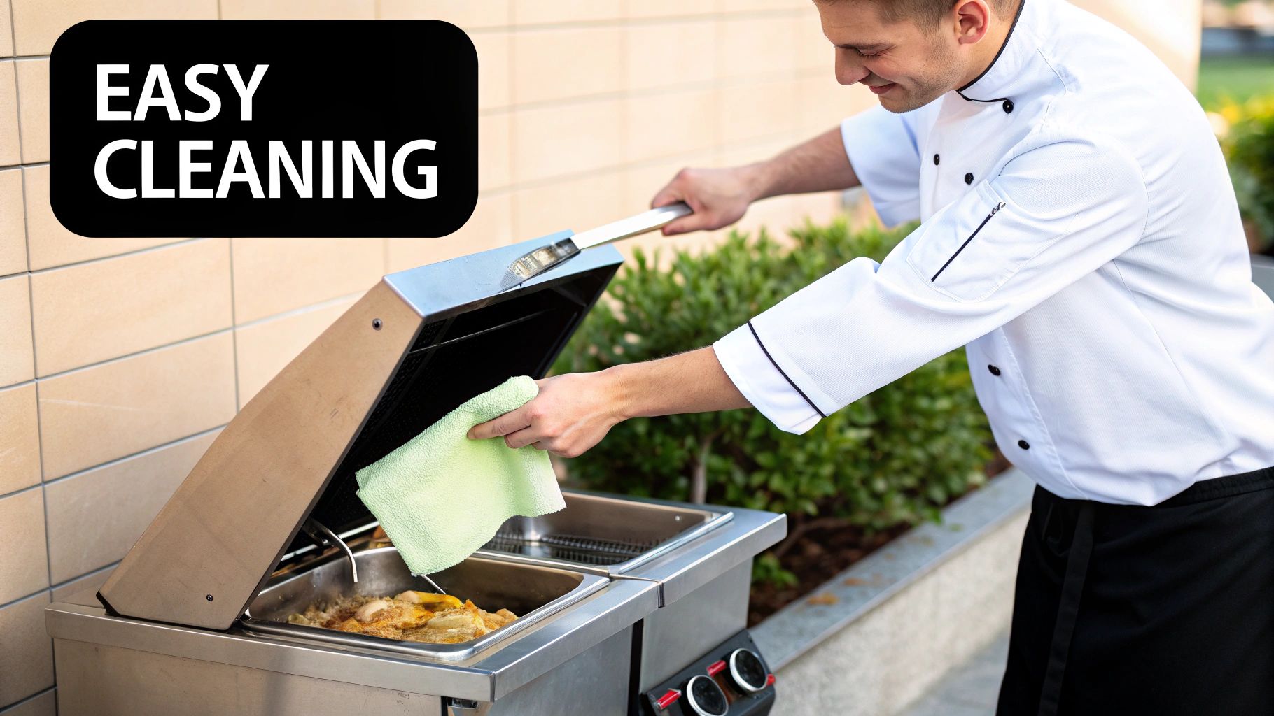 A person wearing protective gloves carefully cleaning the inside of a stainless steel commercial deep fryer.