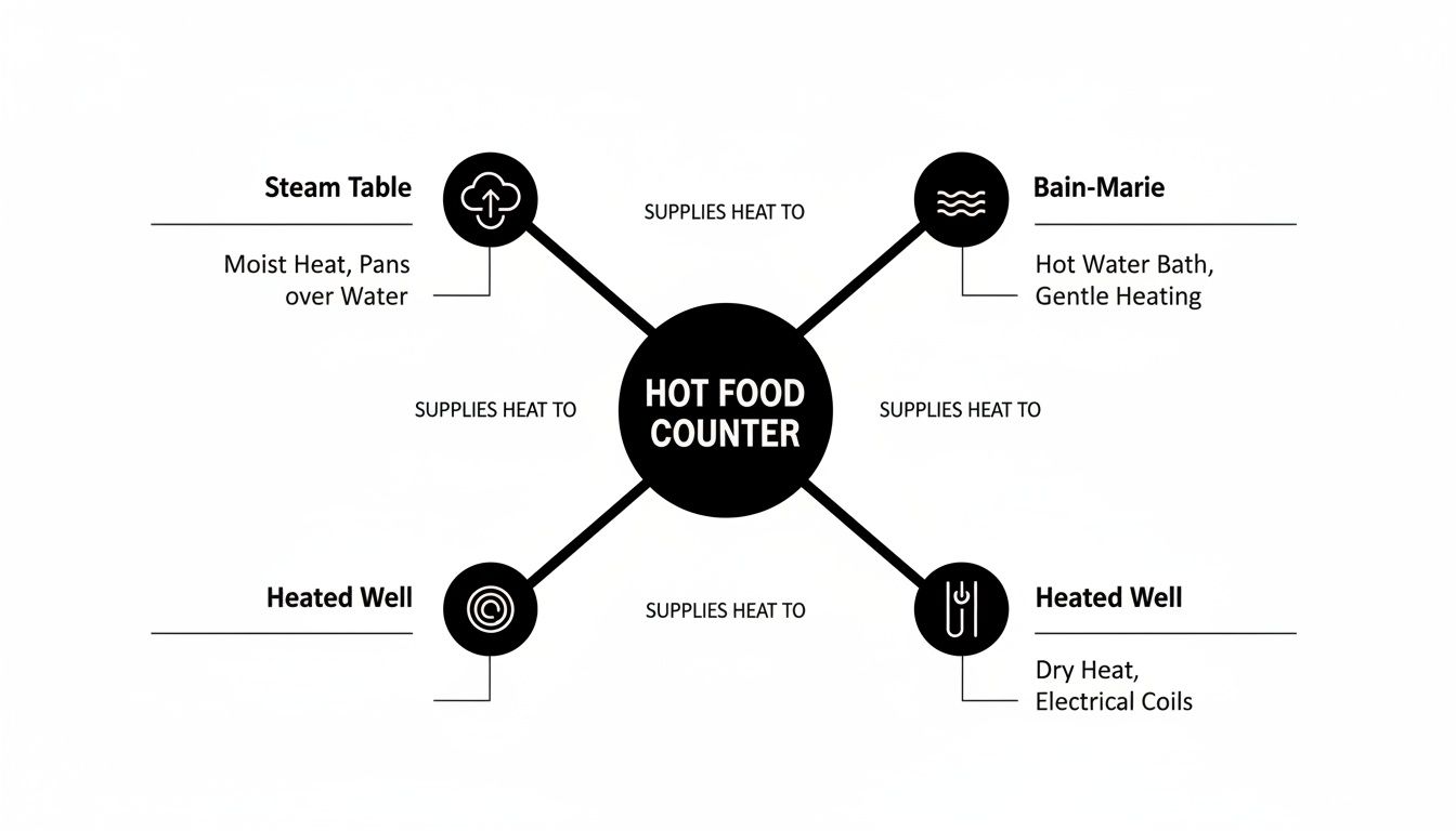 Diagram illustrating a hot food counter supplying heat to a steam table, bain-marie, and various heated wells.