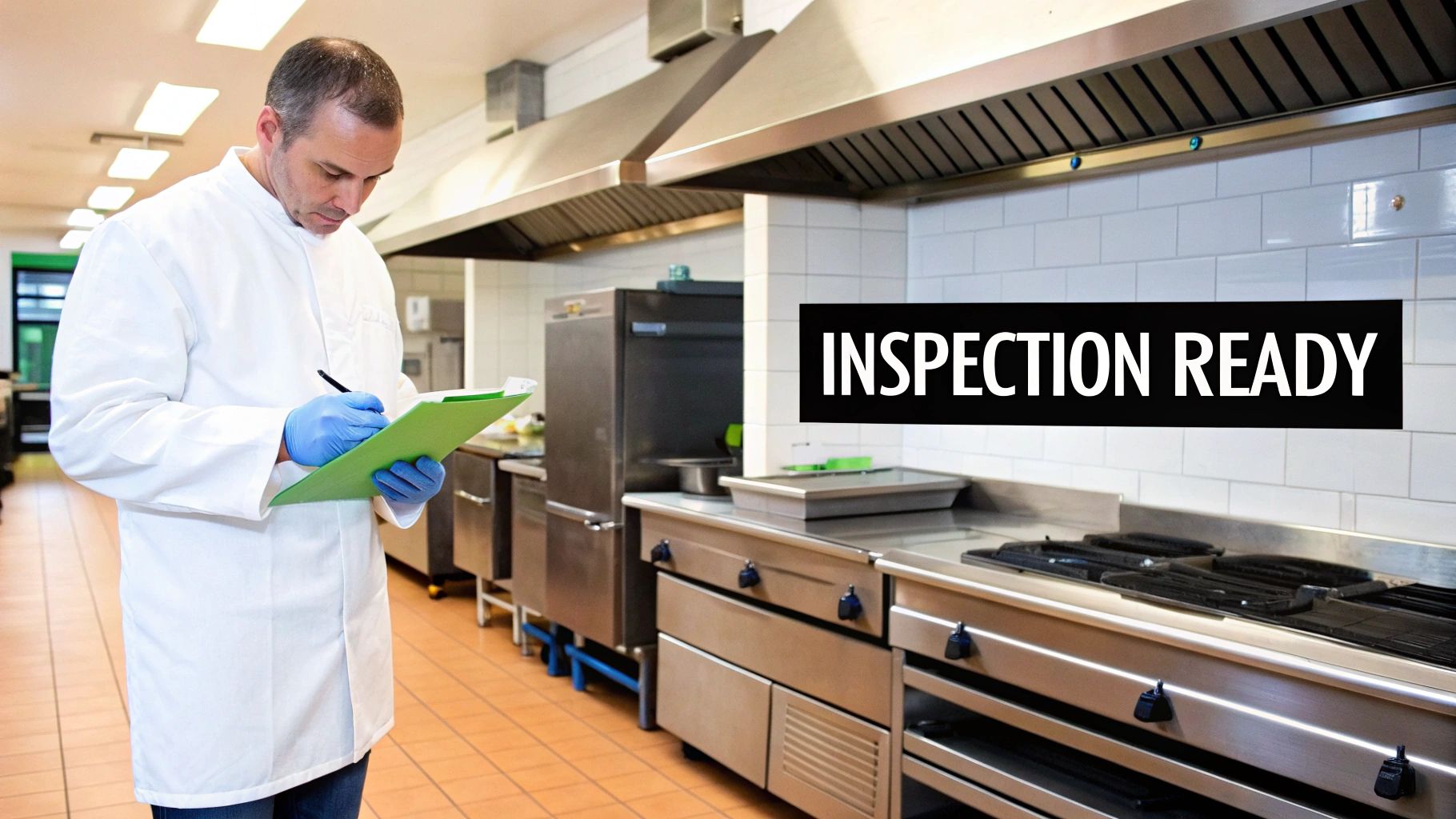 Man in lab coat and gloves inspects a clean commercial kitchen, clipboard in hand, with 'Inspection Ready' text.