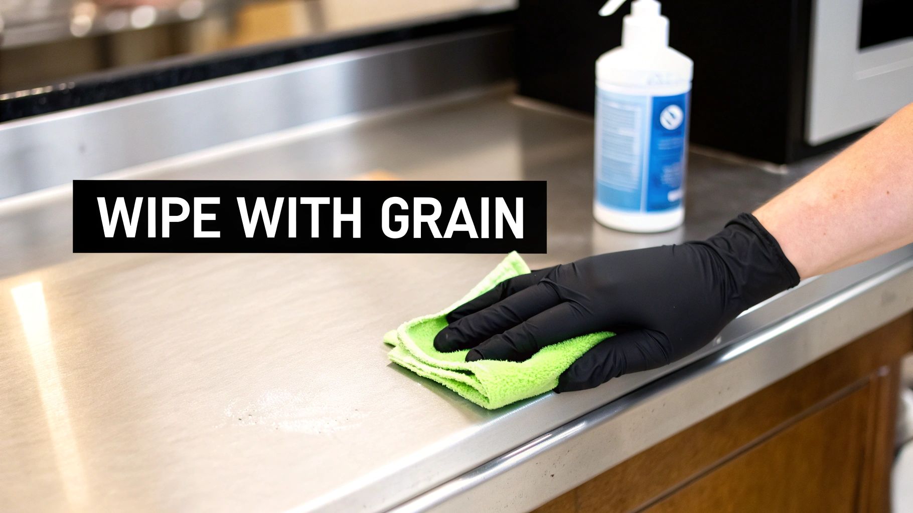 A person cleaning a stainless steel surface with a microfiber cloth.