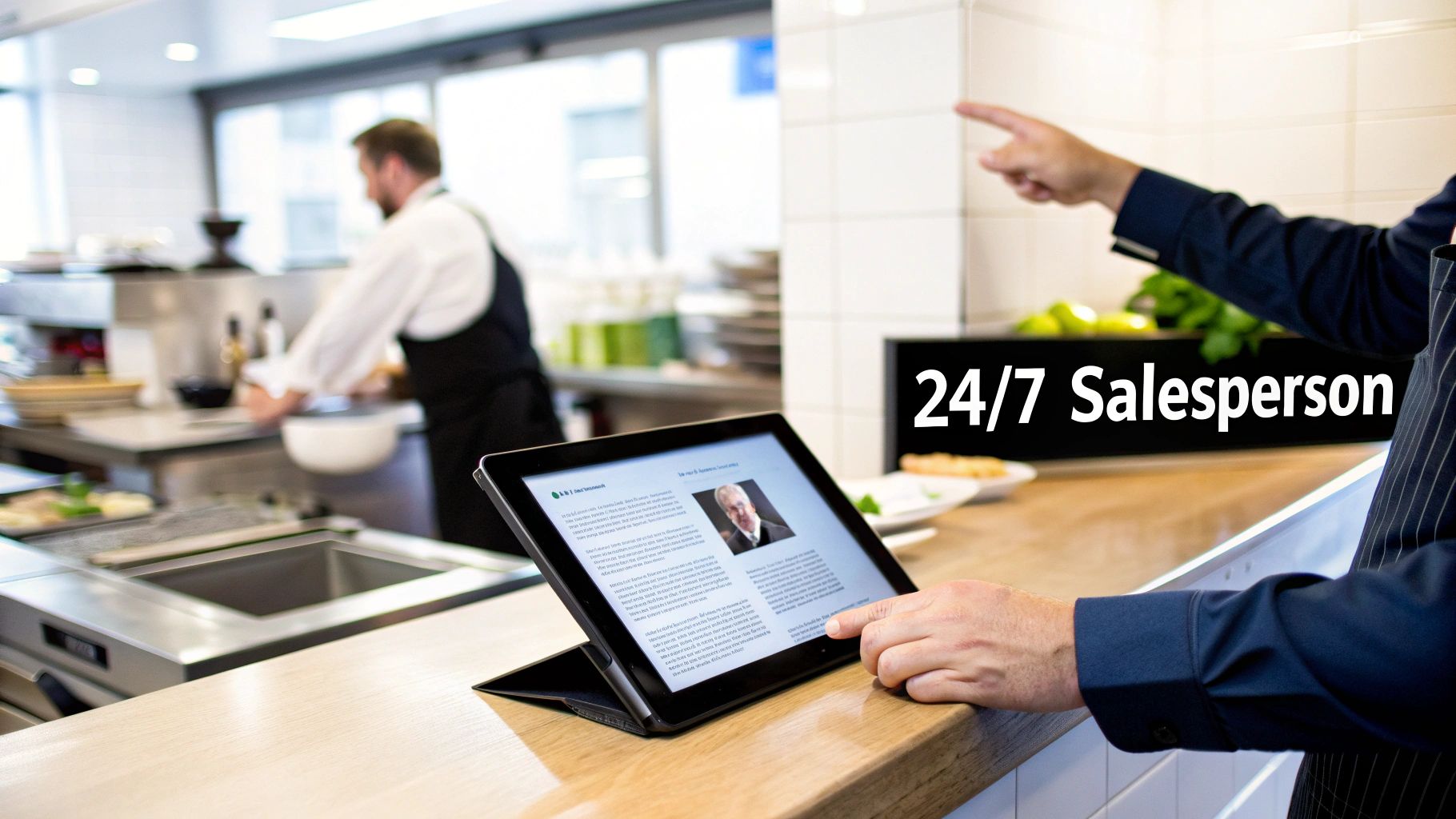 Professional salesperson using tablet to present digital sales materials at modern restaurant counter