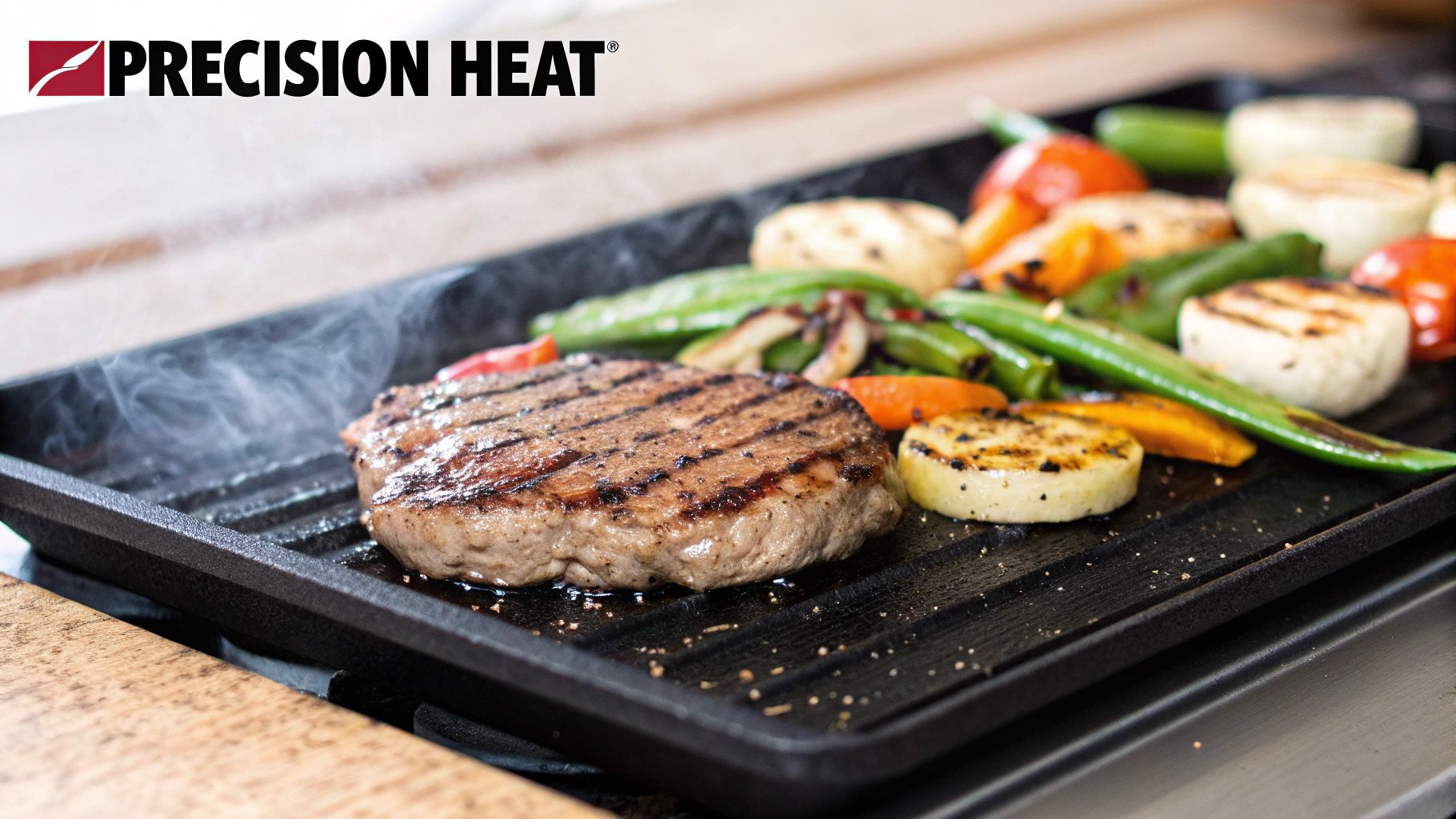 A chef using a spatula to flip food on a hot commercial griddle, steam rising from the surface.