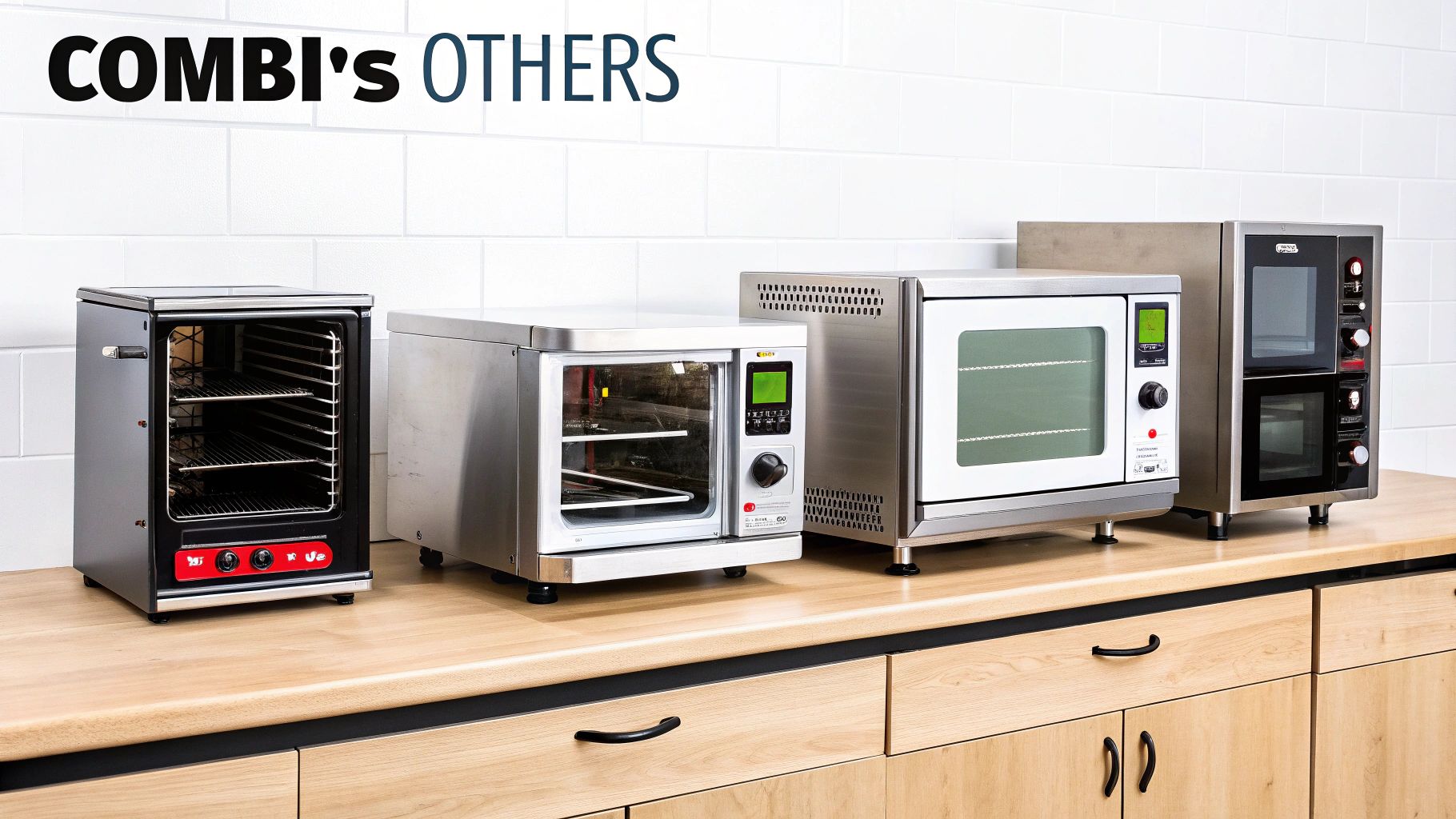 A line of various commercial kitchen ovens, including combi ovens, on a light wood countertop.