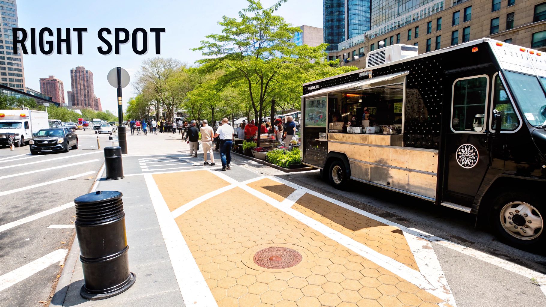 A food truck parked in a bustling city square with customers lining up.