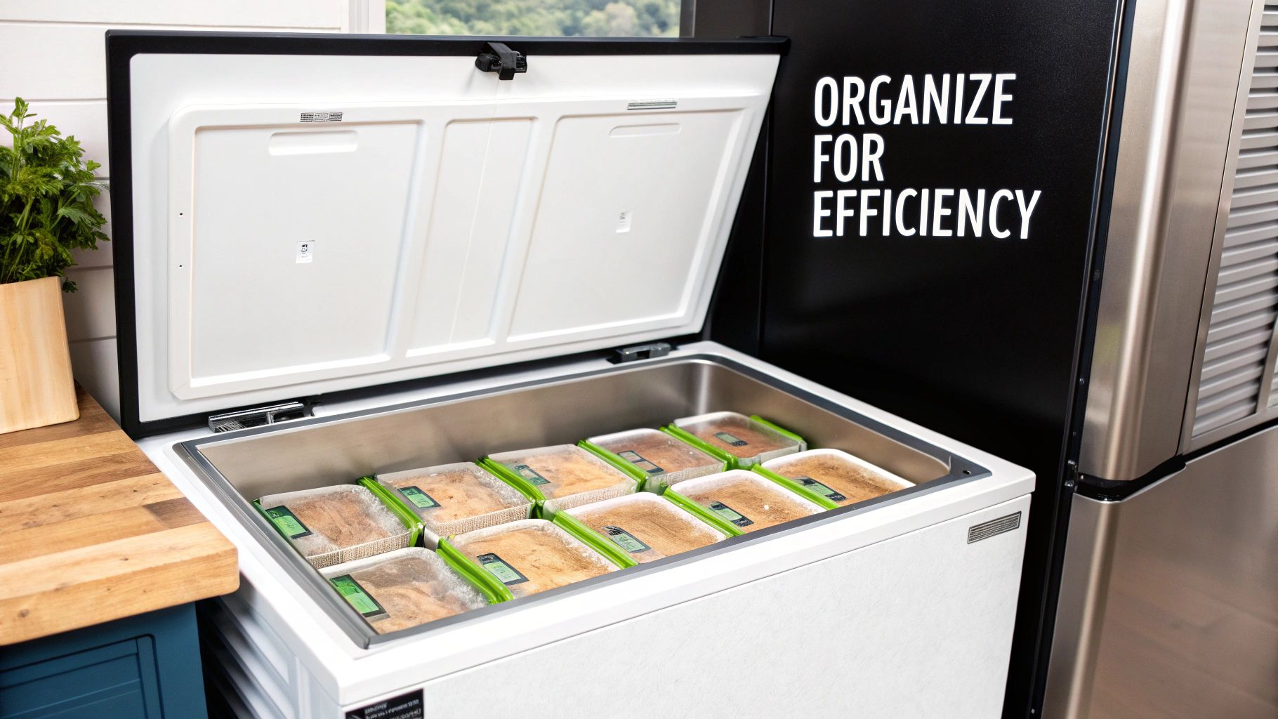 An open chest freezer neatly organized with multiple square food containers and green lids.