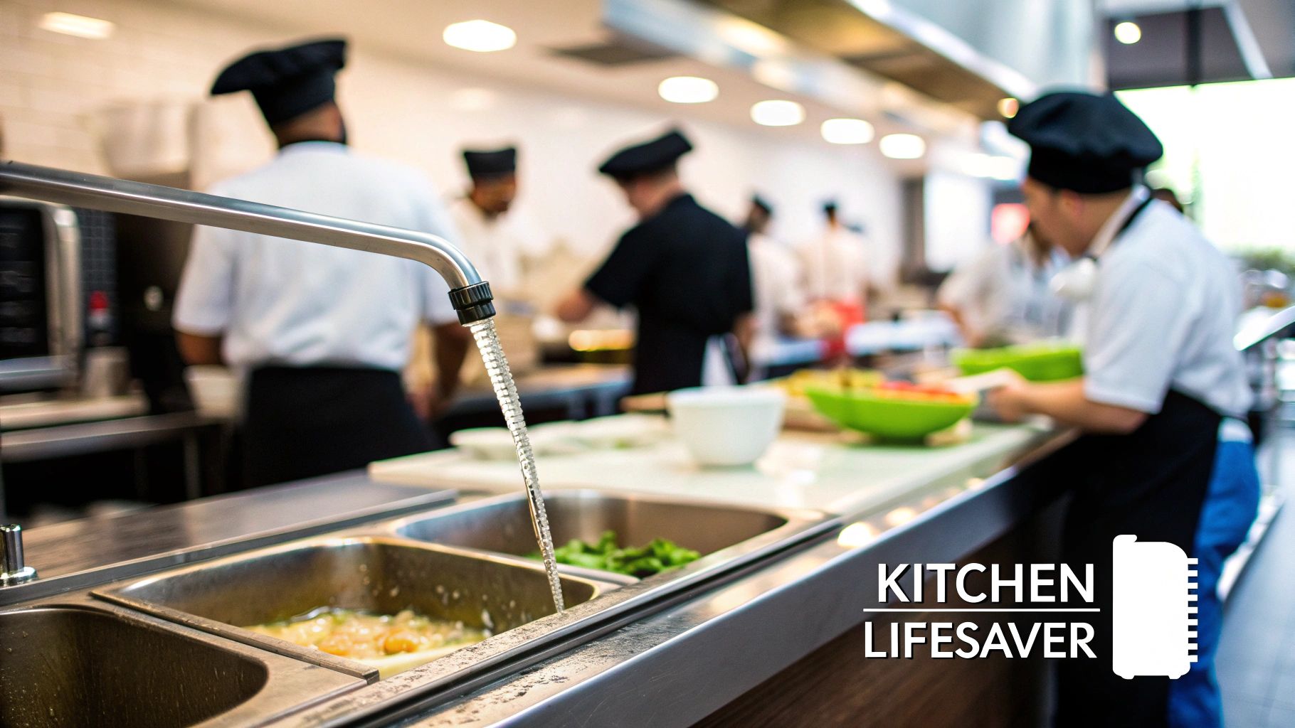 Water flows into a stainless steel sink in a busy commercial kitchen with chefs working in the background.