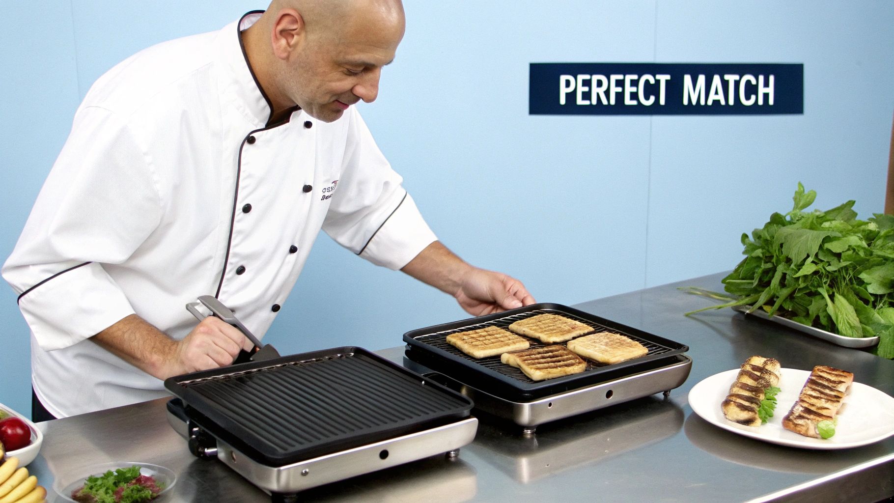 Several commercial griddles lined up in a restaurant supply store