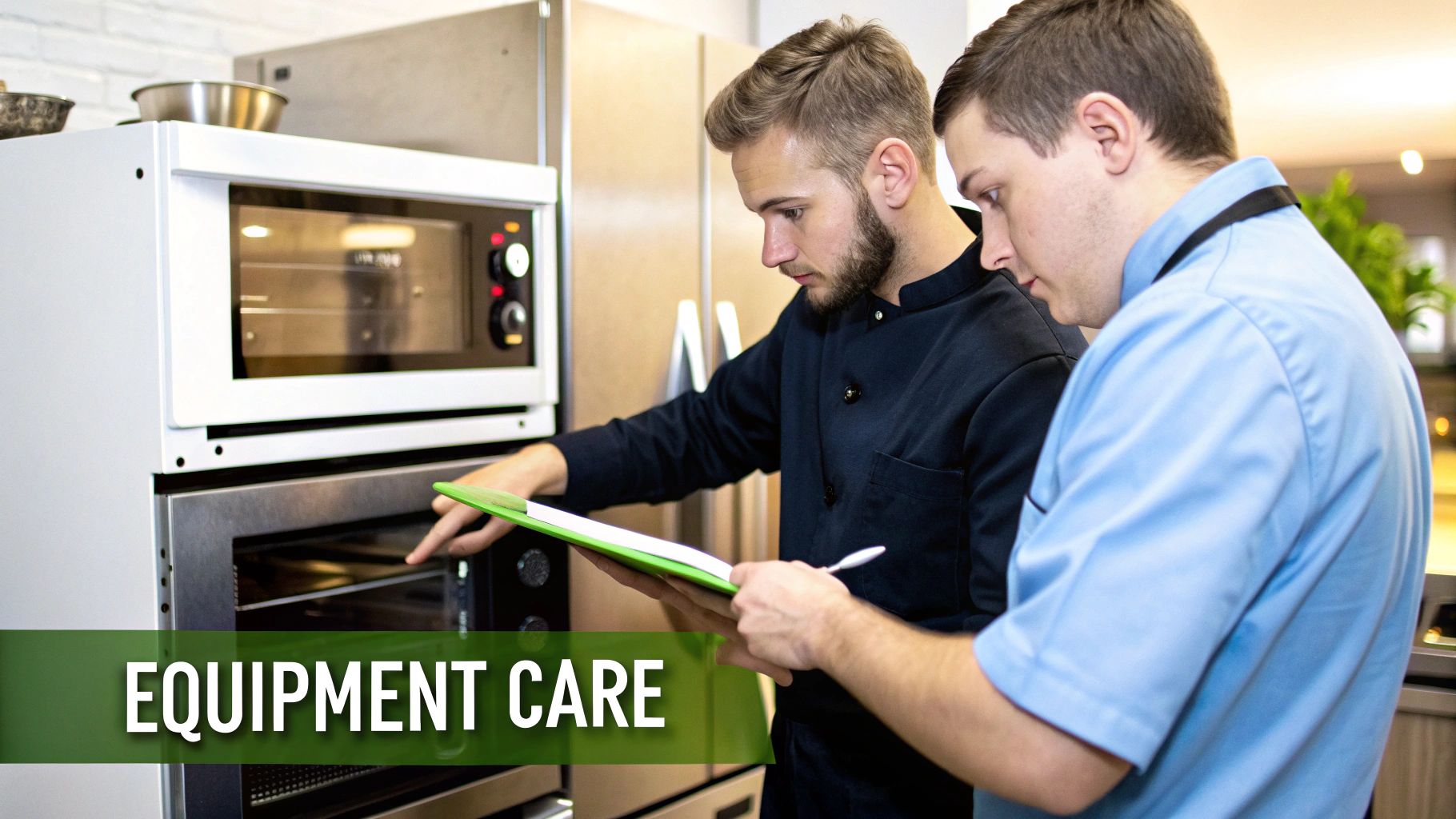 A restaurant manager reviewing a checklist on a tablet in front of a stainless steel commercial oven.
