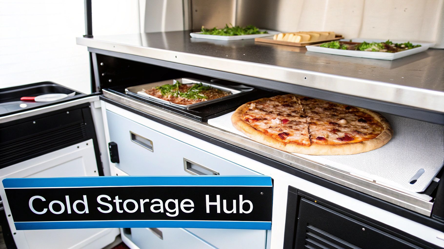 An open cold storage hub revealing a freshly baked pizza, a dish with greens, and ingredients.