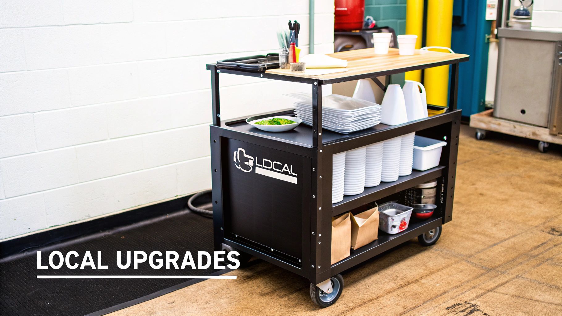 A black multi-shelf food service cart with a wooden top, stocked with plates, cups, and a bowl of greens.