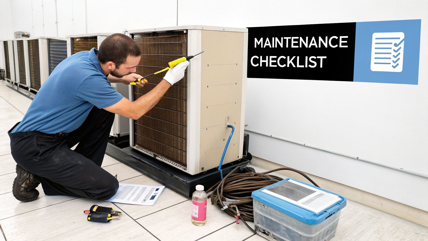 A technician kneels to service a commercial refrigerator, with a maintenance checklist nearby and tools on the floor.