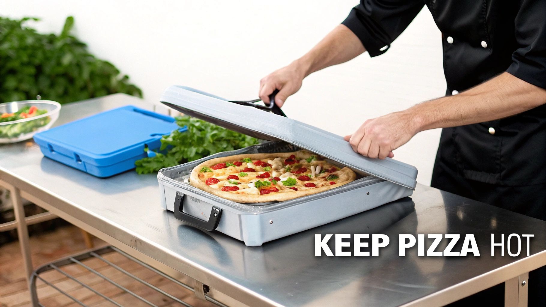 A chef opens a gray insulated food carrier, revealing a hot pizza with tomatoes and basil inside.