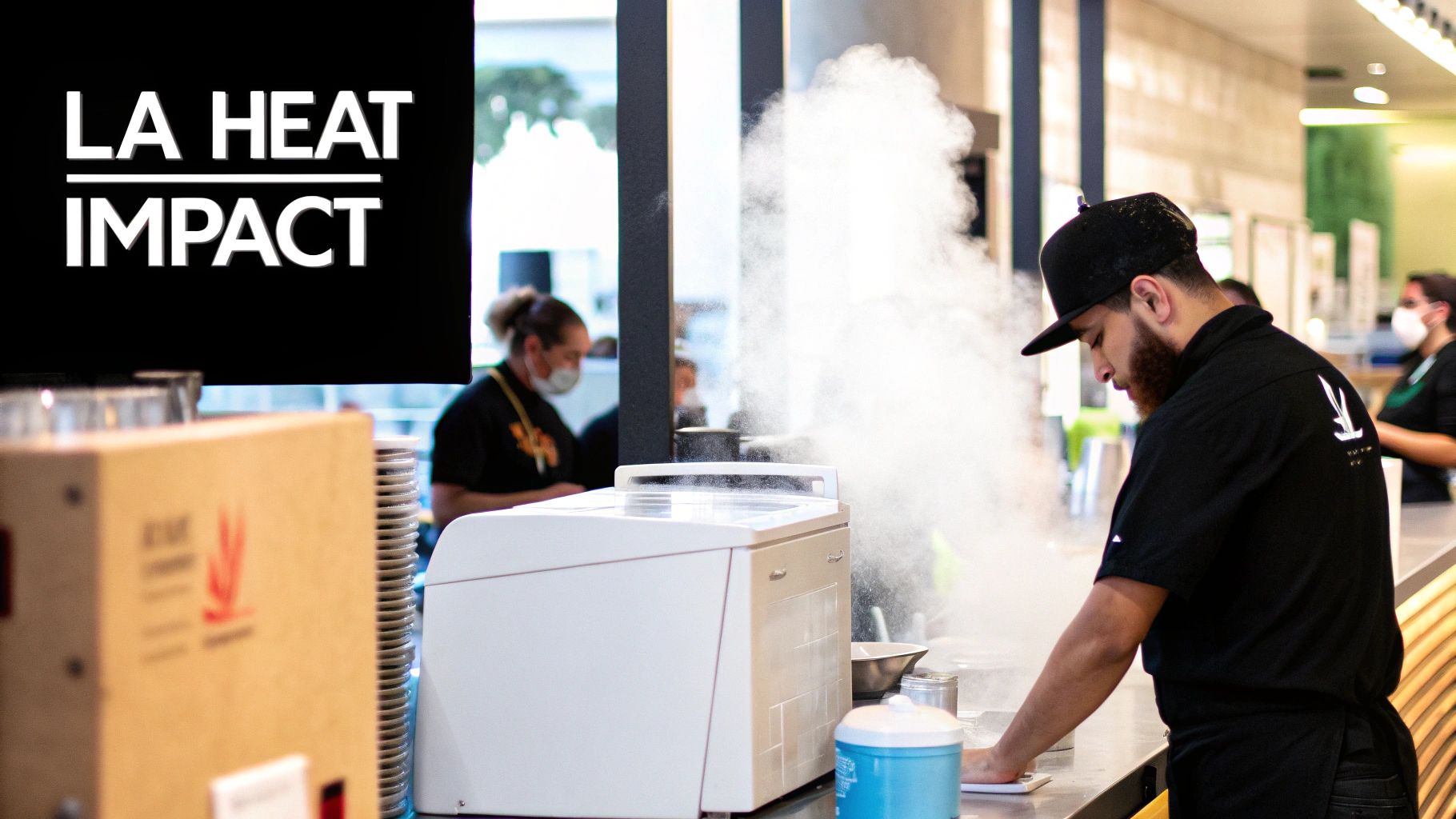 A man works at a counter with a steaming machine, creating a misty atmosphere in a food establishment.