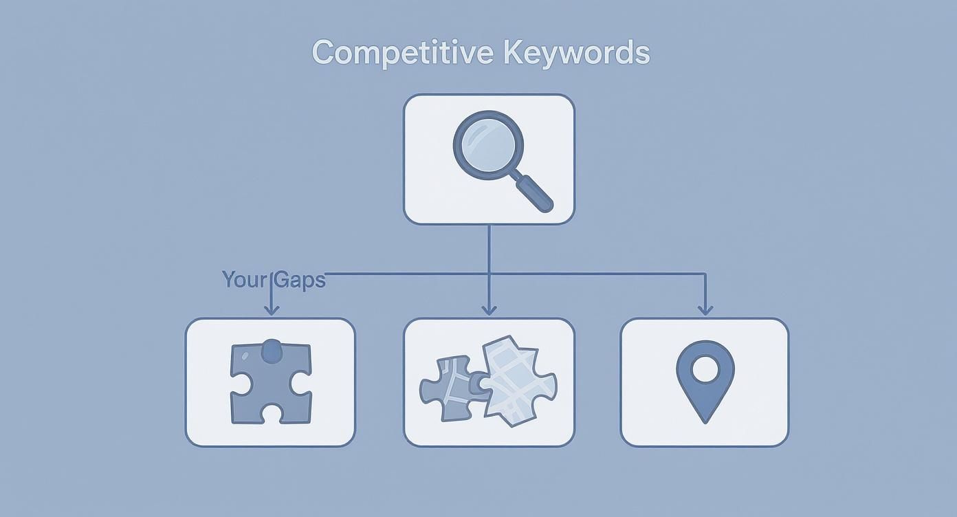 A flowchart illustrates competitive keyword analysis, showing gaps, overlaps, and location targeting.