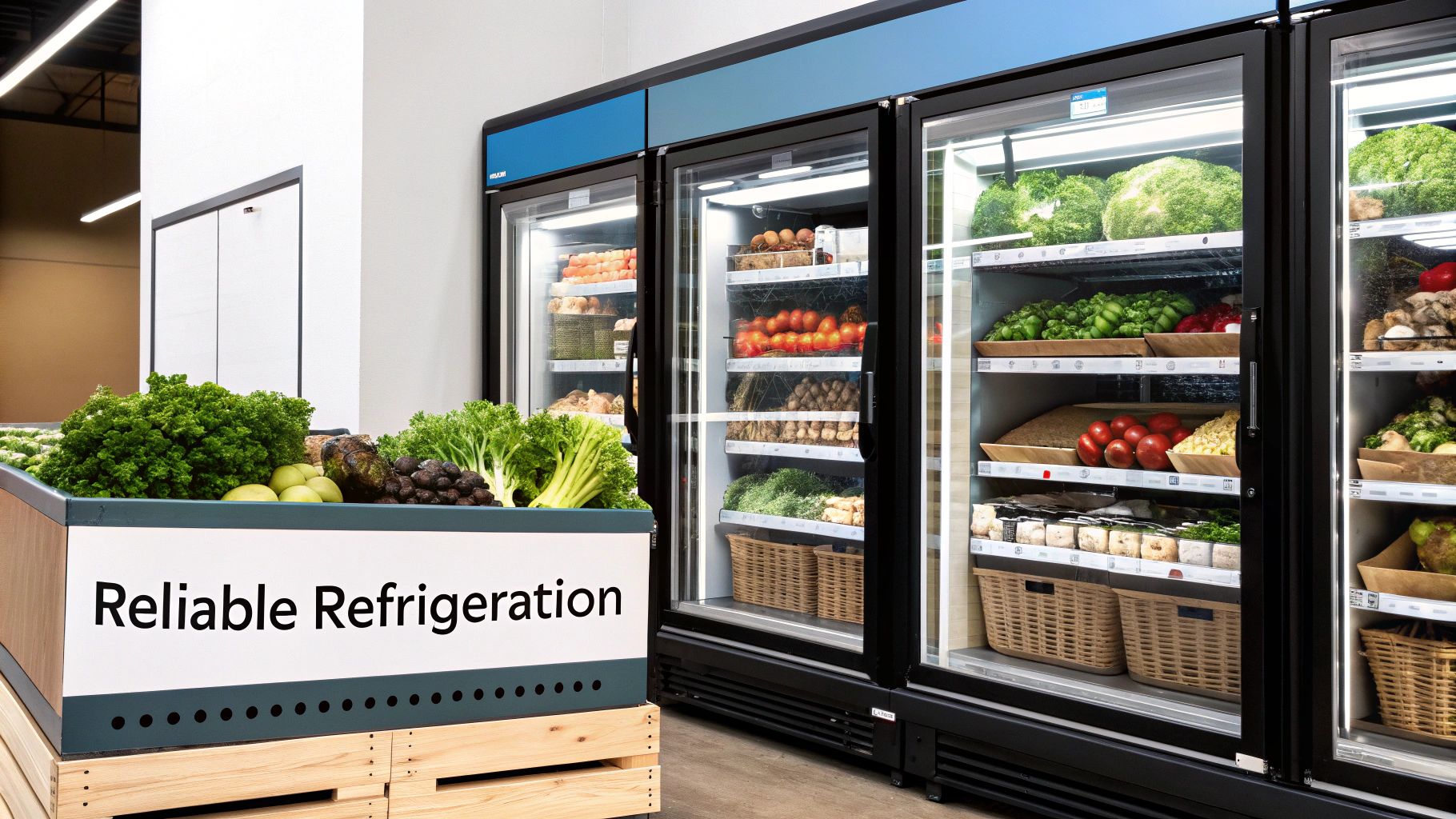 A row of commercial refrigerated display cases showcasing fresh produce like greens, fruits, and vegetables in a store.