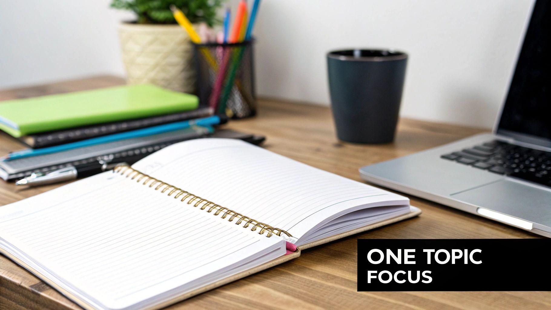 A clean wooden desk with an open spiral notebook, laptop, coffee mug, and office supplies.