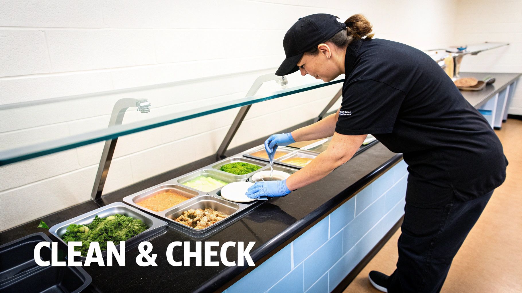 A food service worker in blue gloves serves fresh ingredients from a refrigerated salad bar onto a plate.