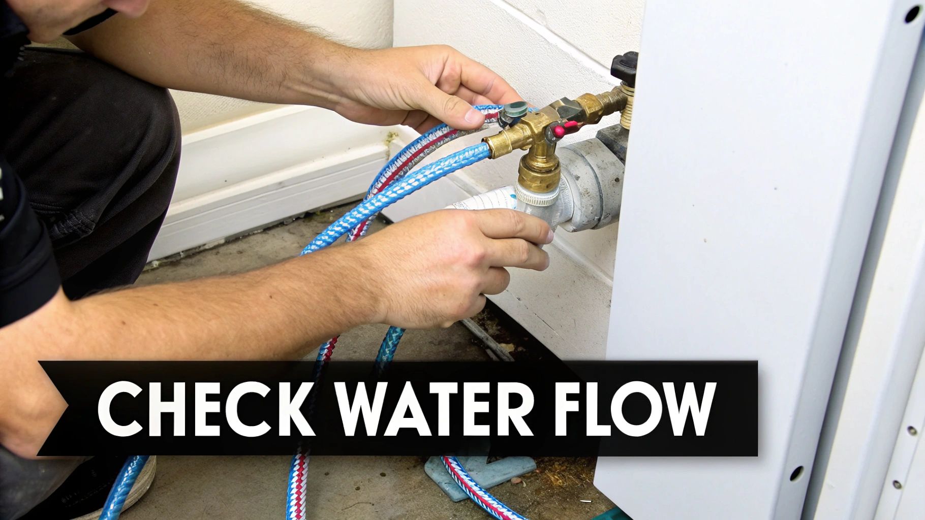 A person connects blue and red braided hoses to a brass plumbing valve and water filter.