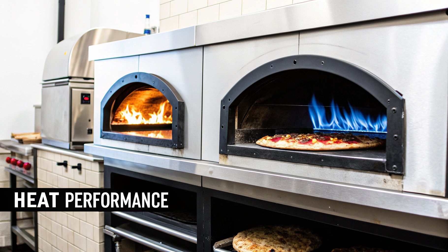A chef placing a pizza into a large, brick-lined pizza oven.