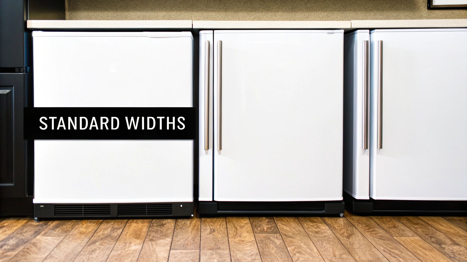 Three white undercounter refrigerators with a black banner displaying 'STANDARD WIDTHS', showcasing common appliance sizes.