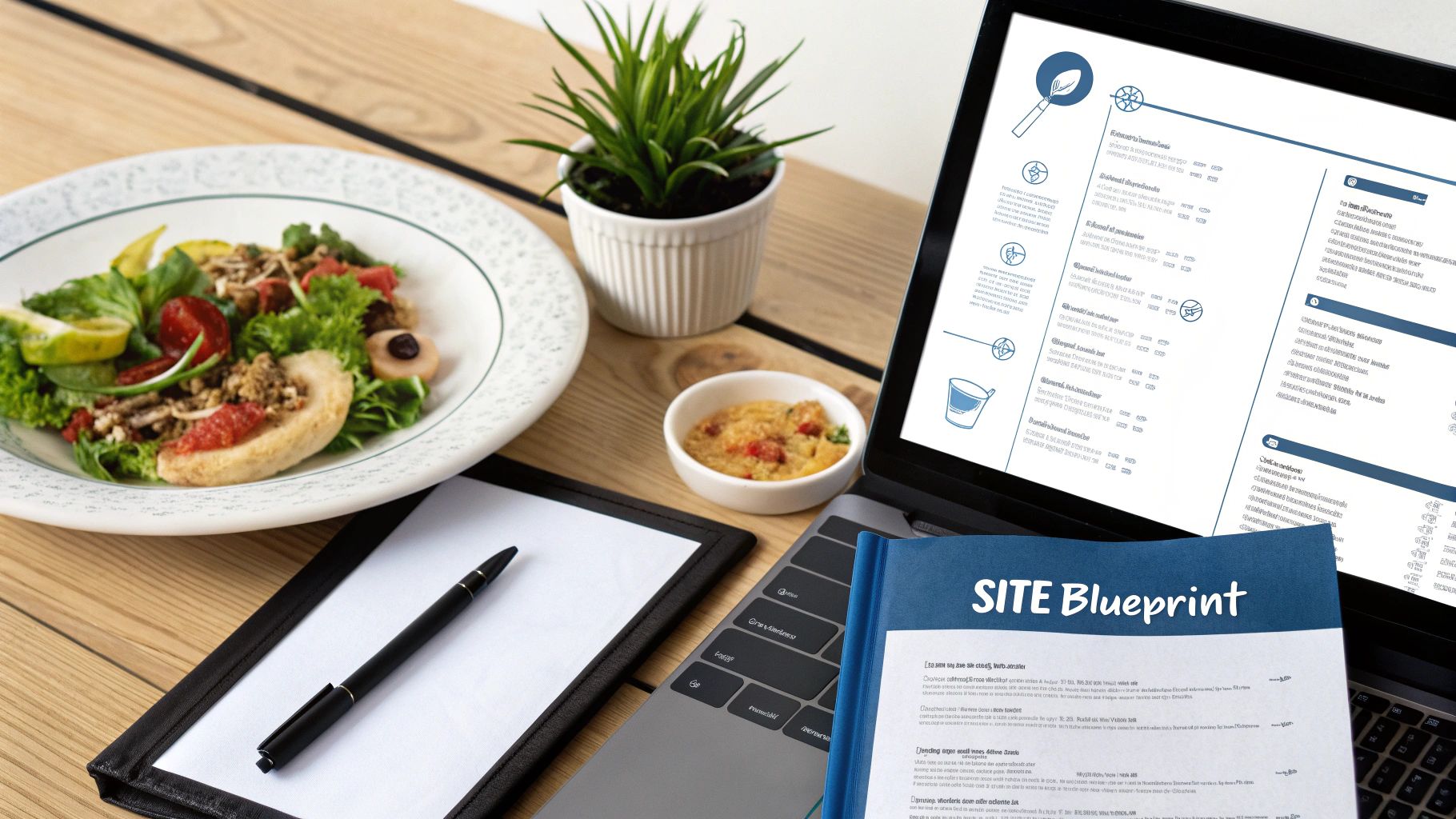 Overhead view of a workspace with a laptop displaying a site blueprint, a salad, and a notebook.