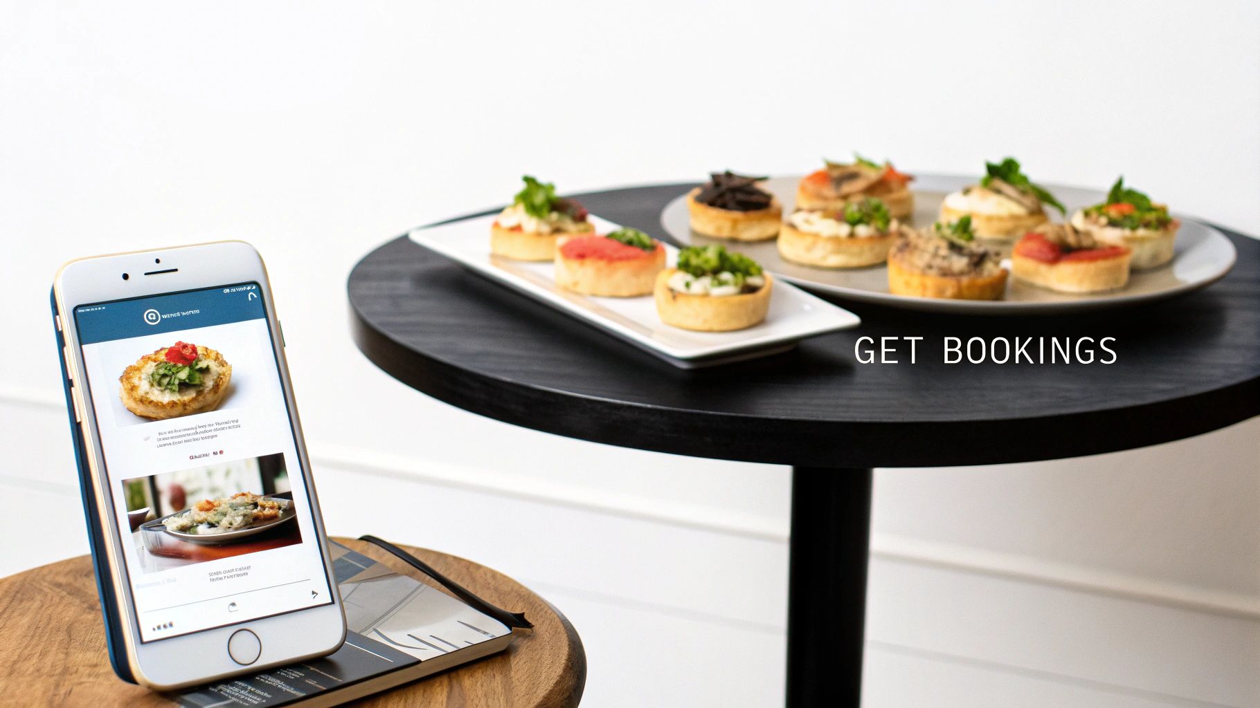 A smartphone displays a catering app with food photos, beside a table of appetizers and 'GET BOOKINGS' text.