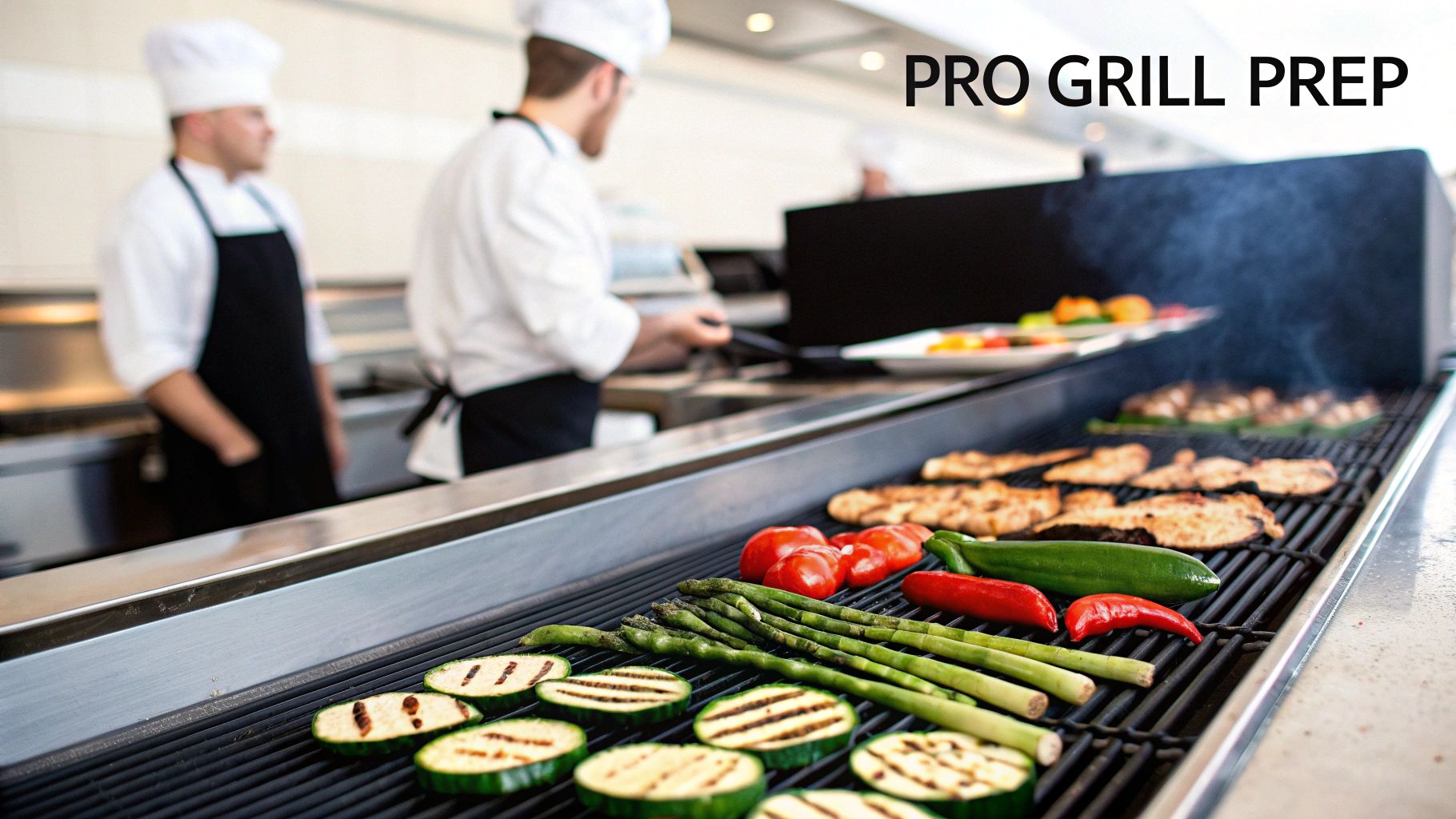 Chefs grilling various vegetables and chicken on a large commercial grill in a professional kitchen.