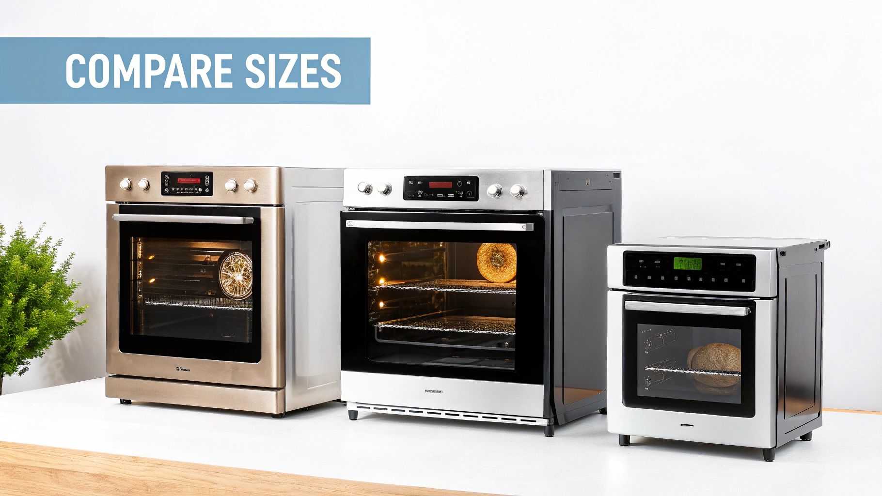 A collection of various commercial convection ovens in a professional kitchen setting.
