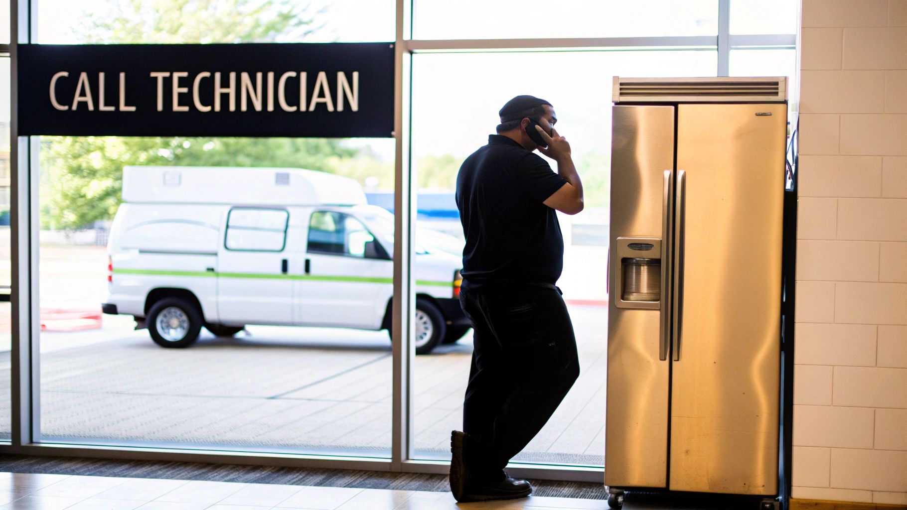 Technician on phone next to a stainless steel refrigerator, with a service van outside.