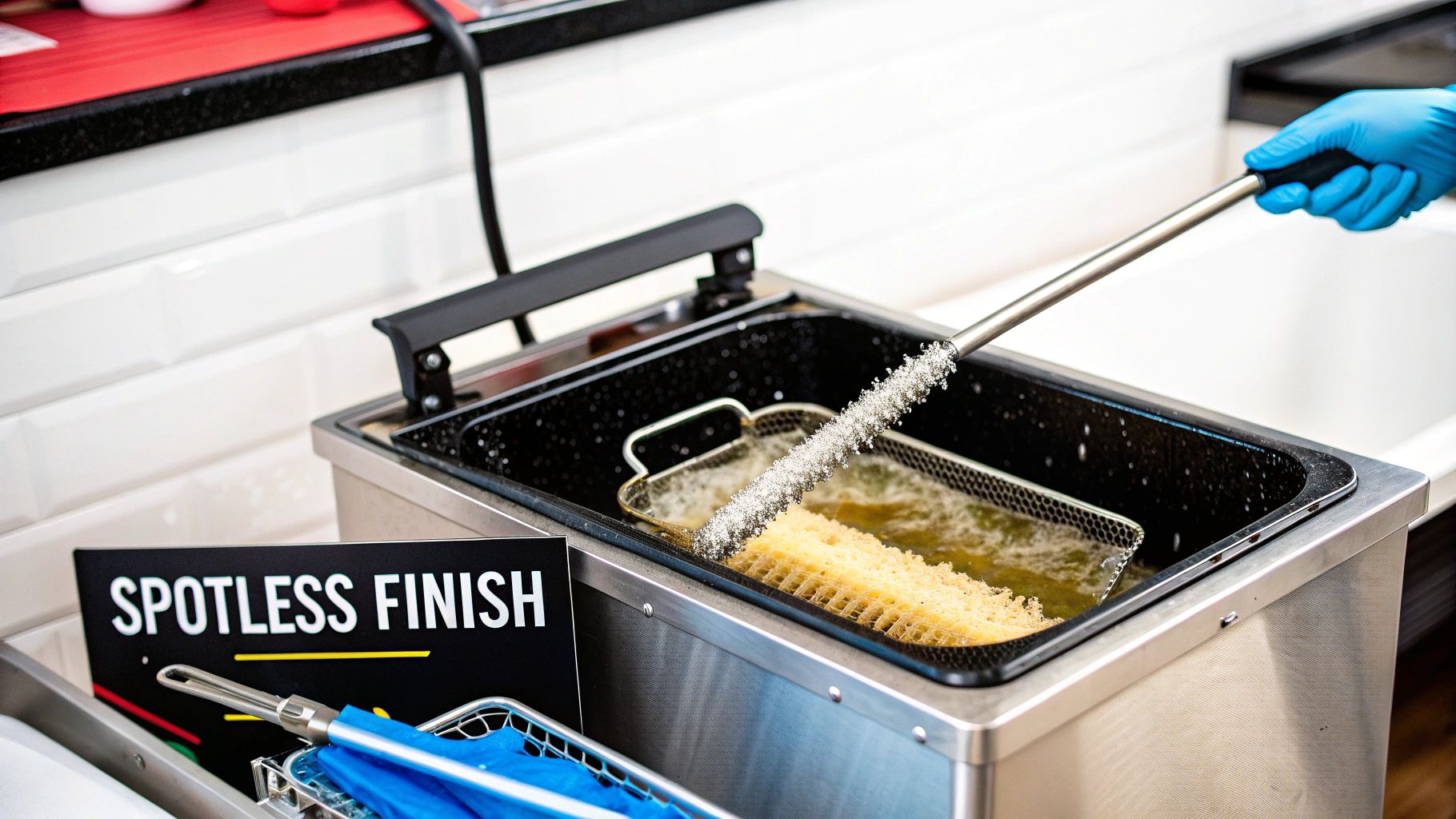 A restaurant worker wearing gloves scrubbing the inside of a commercial deep fryer