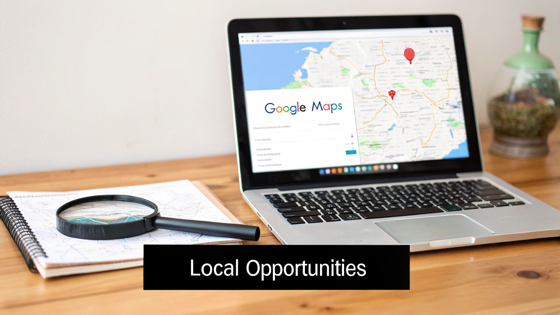 A person using a laptop with SEO data charts on the screen, representing local keyword research.