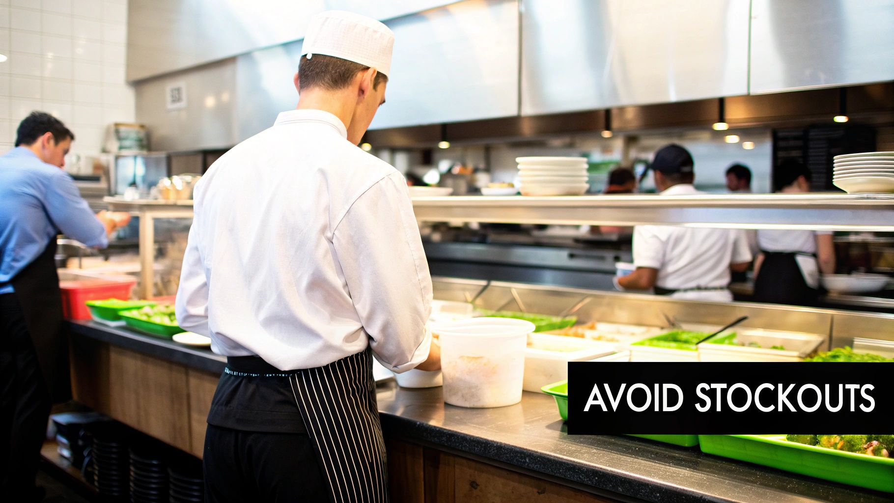 Chefs and kitchen staff prepare various food items in a busy commercial cafeteria or kitchen.