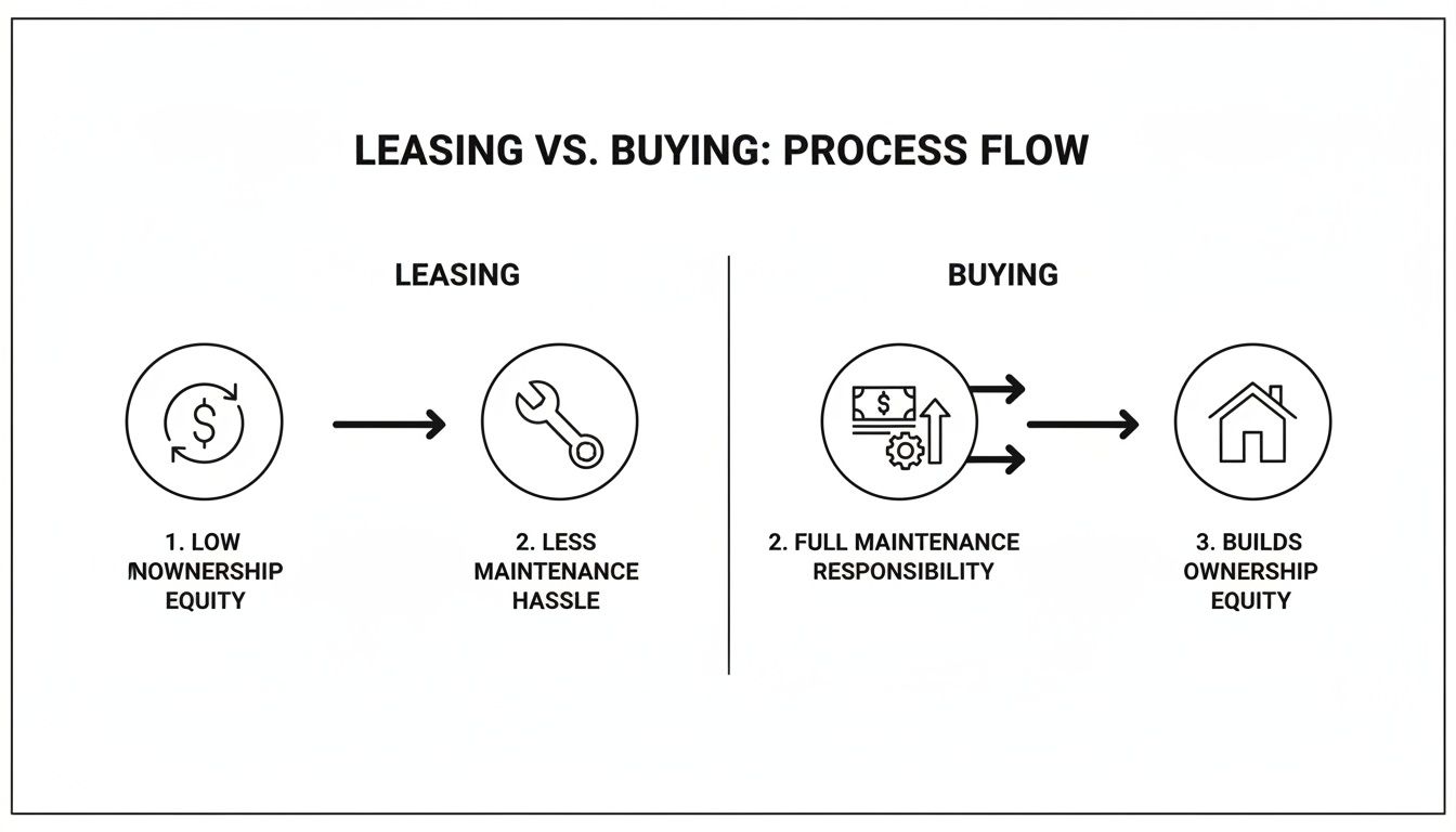 Diagram comparing leasing vs. buying processes: leasing offers low equity and less maintenance, while buying builds equity but requires full maintenance.