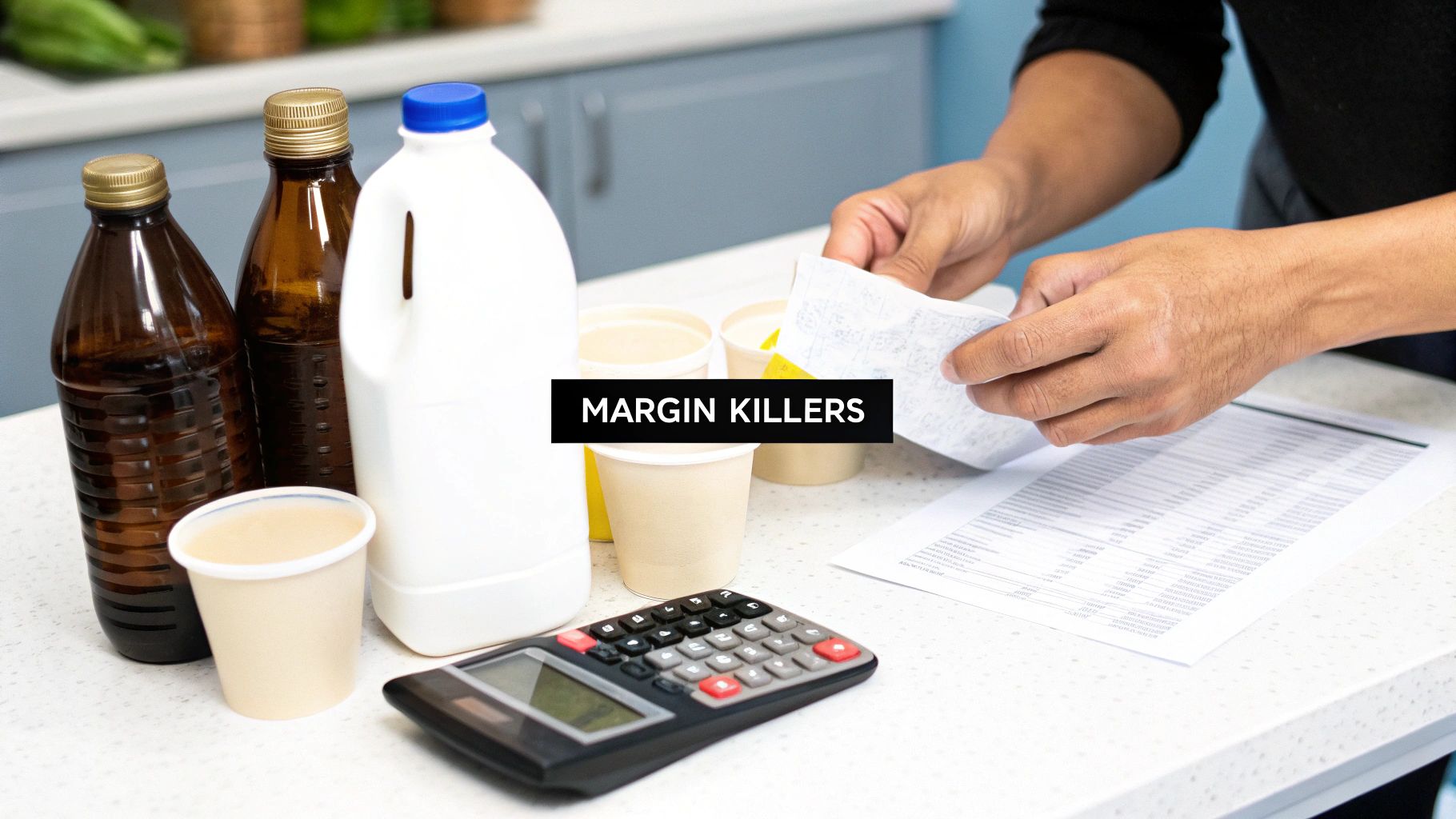 Hands reviewing a receipt and financial documents next to bottles, cups, and a calculator on a counter.