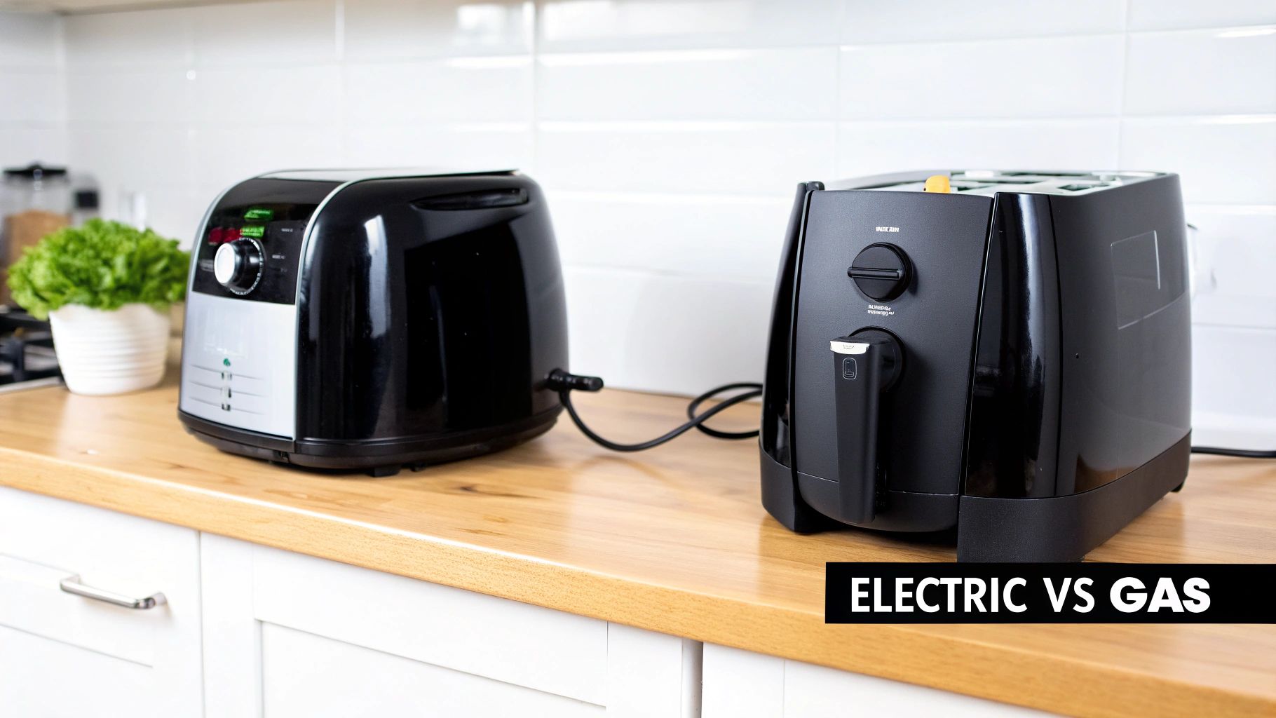 Two black air fryers on wooden kitchen counter comparing electric versus gas cooking appliances
