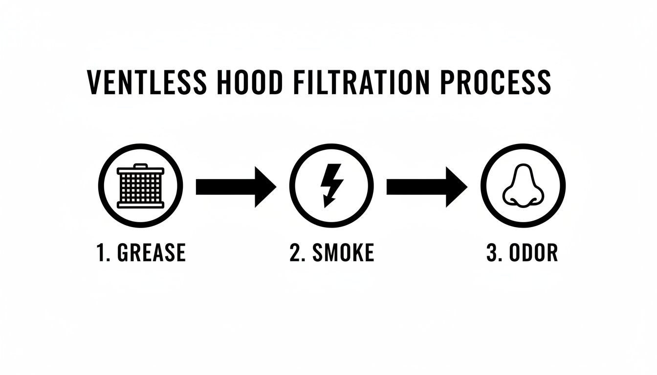 Diagram illustrating the ventless hood filtration process for removing grease, smoke, and odors sequentially.